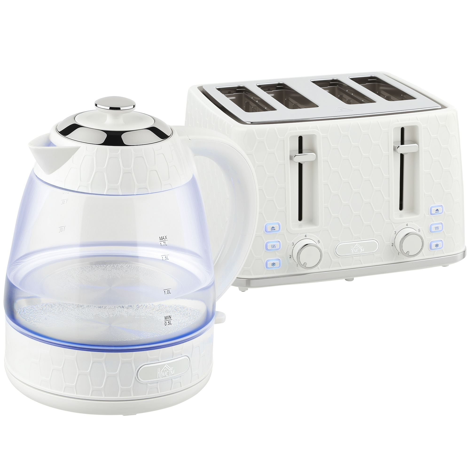 HOMCOM Kettle and Toaster Set, 1.7L 3000W Rapid Kettle with Strix Thermostat, 4 Slice Toaster with 7 Browning Controls, Cream HOMCOM Kettle and Toaster Set, 1.7L 3000W Rapid Kettle with Strix Thermostat, 4 Slice Toaster with 7 Browning Controls, Cream