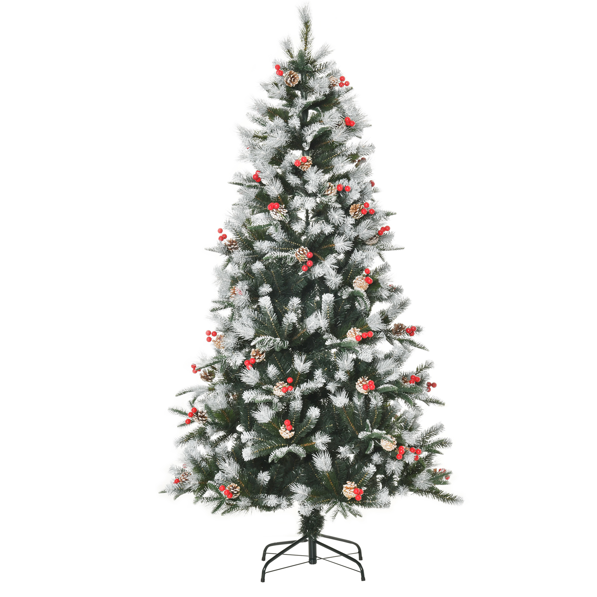 Homcom Green 6Ft Artificial Snow Dipped Christmas Tree Xmas Pencil Tree Holiday Home Party Decoration With Foldable Feet Red Berries White Pinecones,