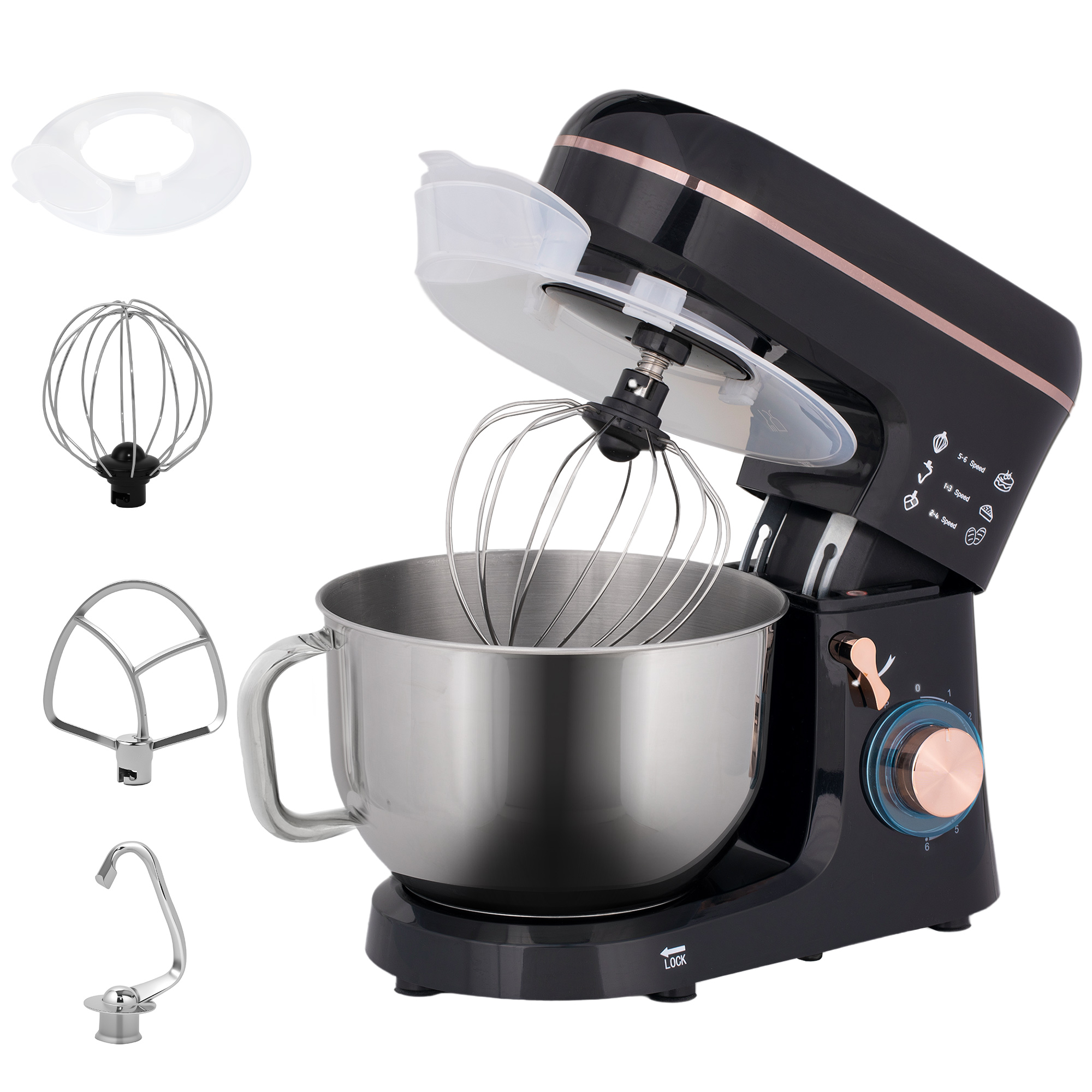 Stand Mixer, Food Processor, Beater, 6 Speeds, 5.5L Stainless Steel Bowl, Black