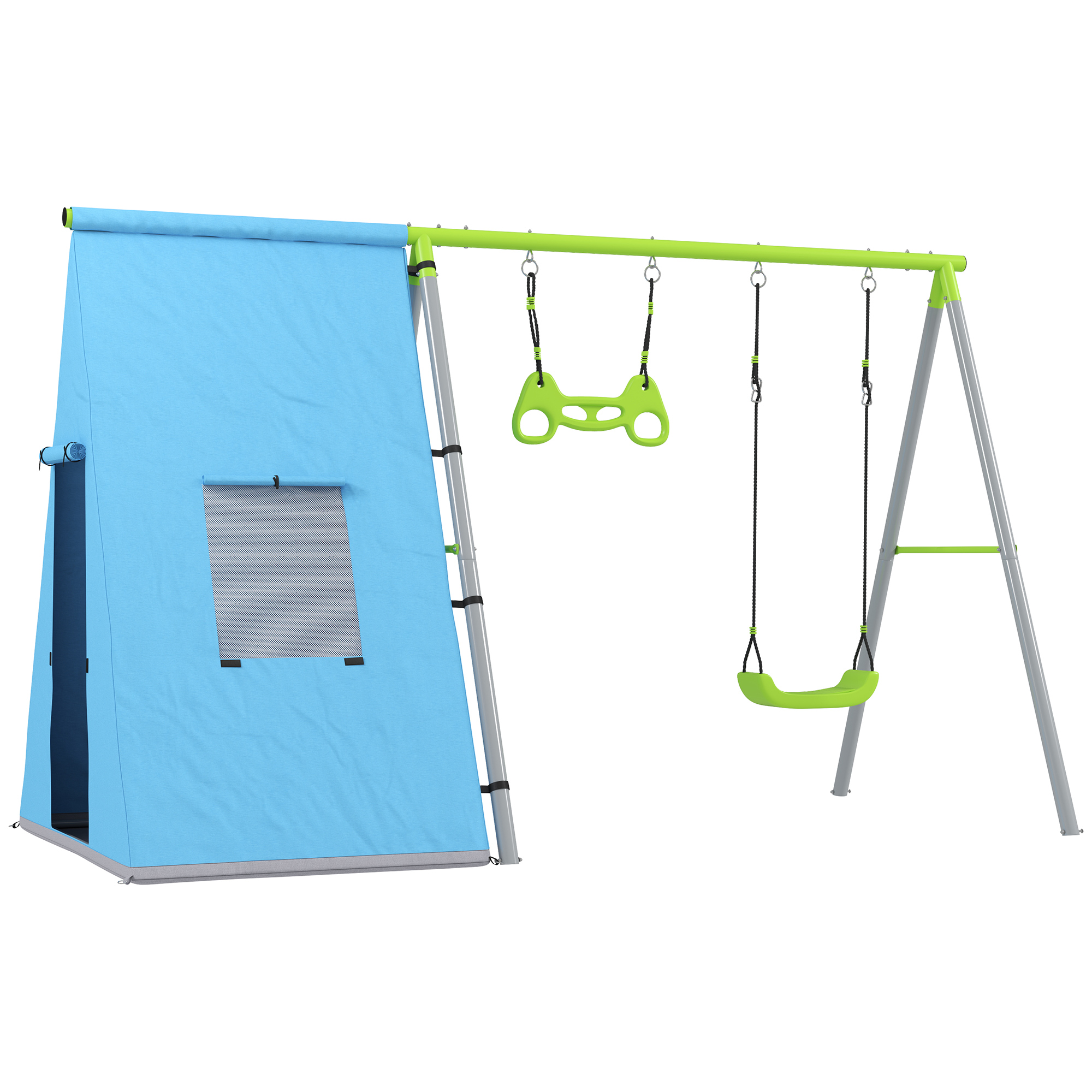 3-in-1 Schaukelset, Spielzelt, Schaukel, Turnringe, Metall, Kunststoff, Grün