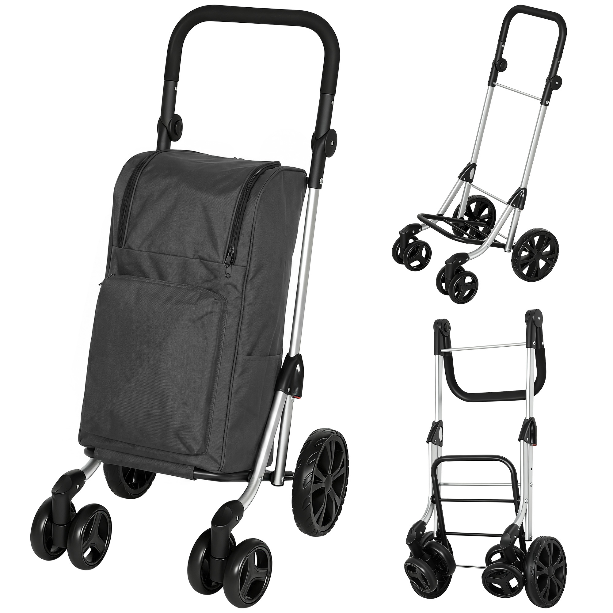 HOMCOM Einkaufstrolley klappbar Einkaufswagen mit Kühlfach, verstellbar Griff, 46L Kapazität, 3in1 Trolley, Sackkarre & Umhängetasche Einkaufsroller mit abnehmbarer Tasche, 6 Rädern Dunkelgrau Aosom