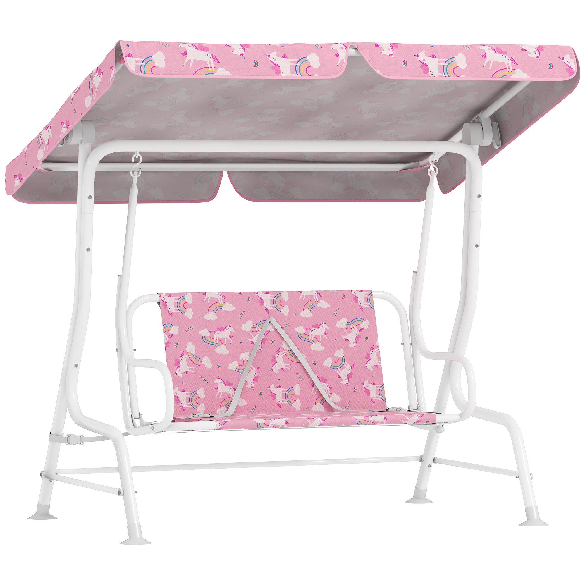 Aiyaplay Pink Kids Porch Swing, 2-Seater Patio Swing Bench Hammock With Seat Belts, Adjustable Canopy For Garden,