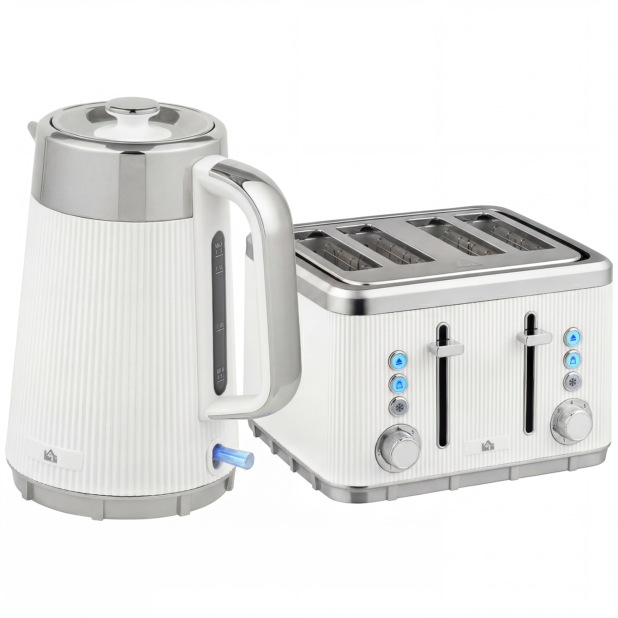HOMCOM Electric Stainless Steel Kettle and Toaster Set, 3000W 1.7L UK Strix Thermostat Fast Boil Kettle w/ Limescale Filter, Cool Touch Body, 4 Slice Toaster with 7 Browning Levels, White HOMCOM Electric Stainless Steel Kettle and Toaster Set, 3000W 1.7L UK Strix Thermostat Fast Boil Kettle w/ Limescale Filter, Cool Touch Body, 4 Slice Toaster with 7 Browning Levels, White