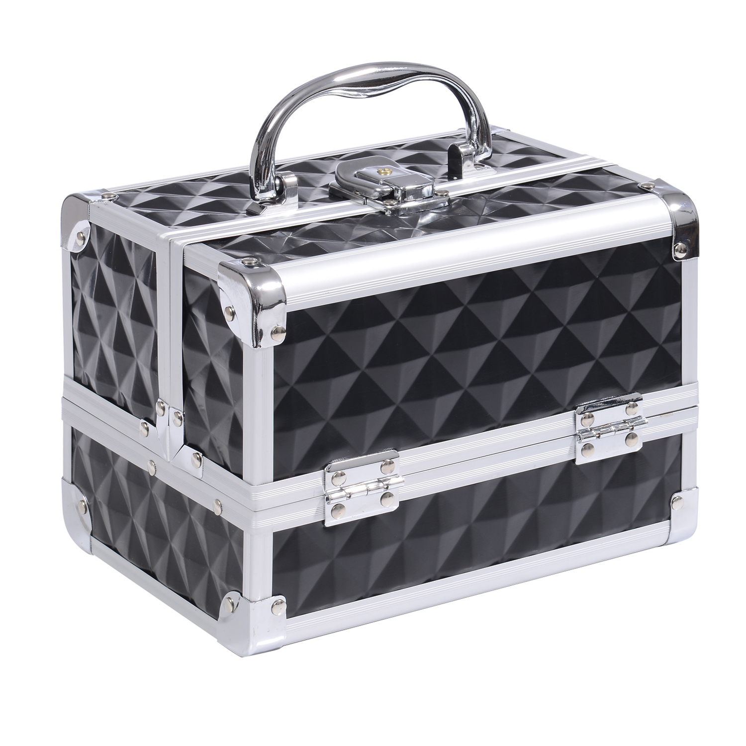 HOMCOM Maletín de Maquillaje Con Espejo Cerradura Varios Compartimientos 20x15x15cm Aluminio Negro