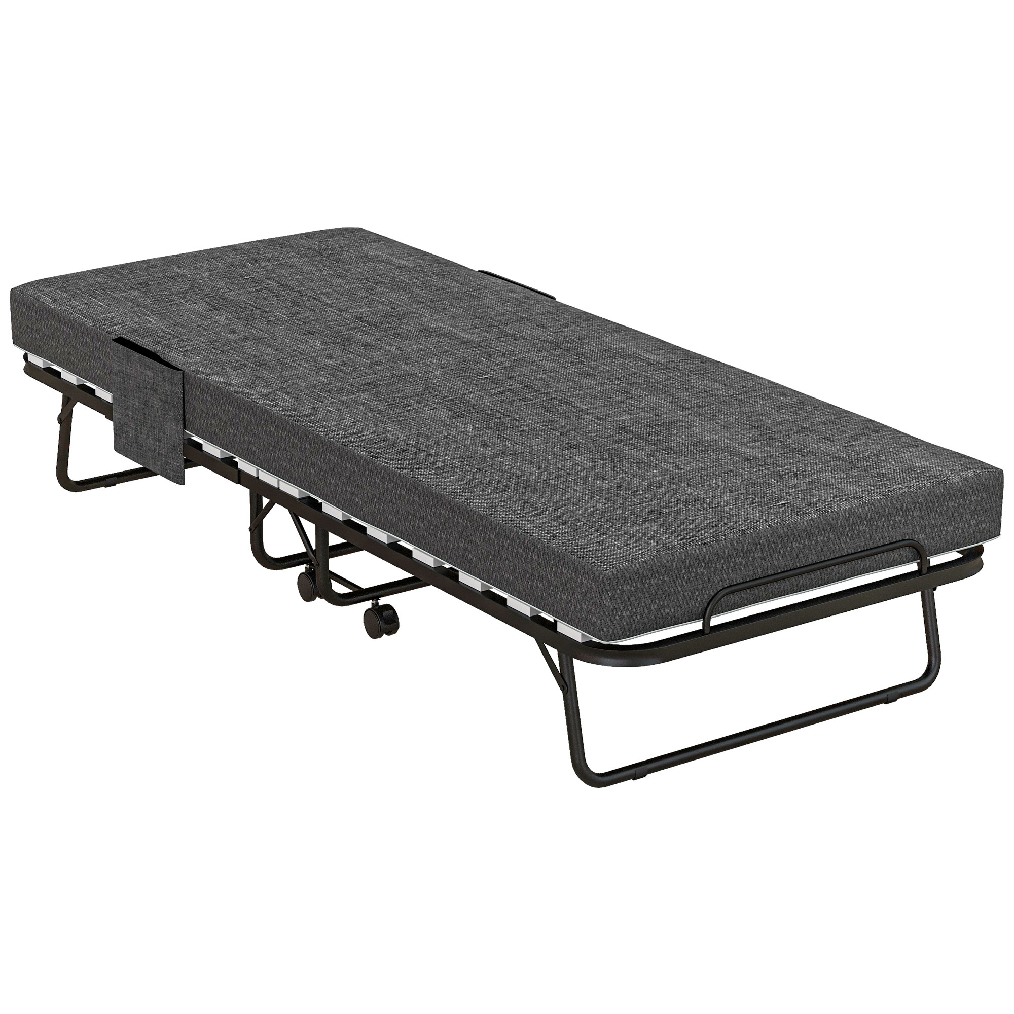 HOMCOM Folding Bed with Mattress, Foldable Guest Bed on Wheels, Portable Single Bed with 10cm Mattress, 190 x 80cm, Dark Grey   Aosom UK