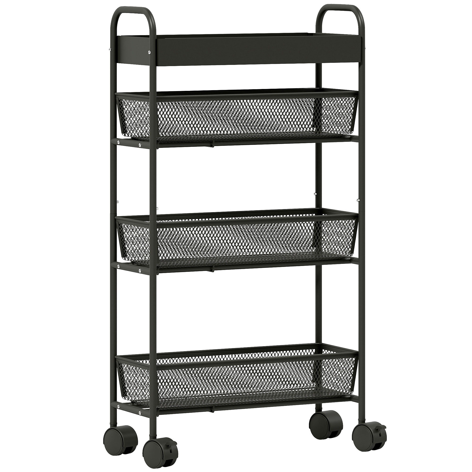 HOMCOM Chariot de rangement à 4 niveaux, desserte à roulettes, 3 paniers coulissants, panier supérieur 19 x 43,2 x 80 cm noir HOMCOM Chariot de rangement à 4 niveaux, desserte à roulettes, 3 paniers coulissants, panier supérieur 19 x 43,2 x 80 cm noir