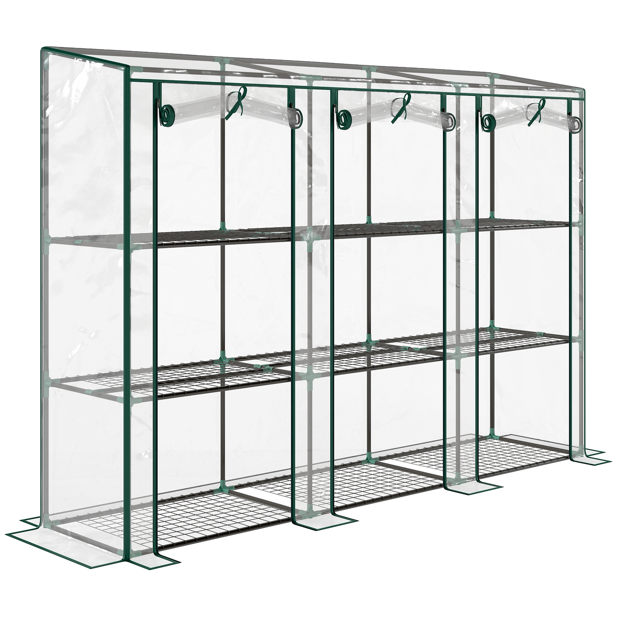 Outsunny Serre de jardin avec étagères à 3 niveaux serre de balcon 3 portes enroulables zippées 215 x 46 x 151 cm vert