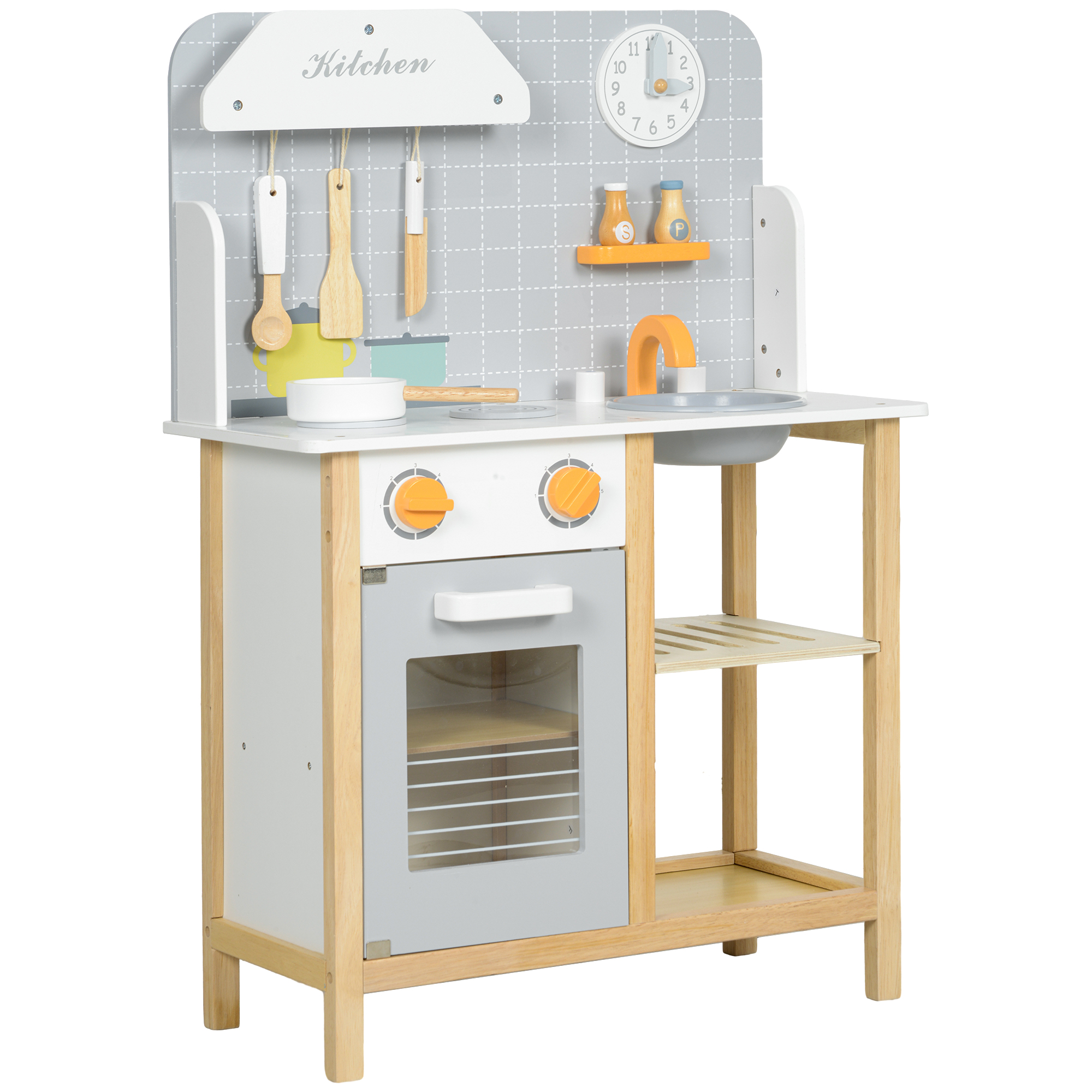 AIYAPLAY Cocinita Infantil Cocinita de Madera Infantil con Sonido Fogón Horno Grifo Fregadero y Accesorios de Cocina Gris