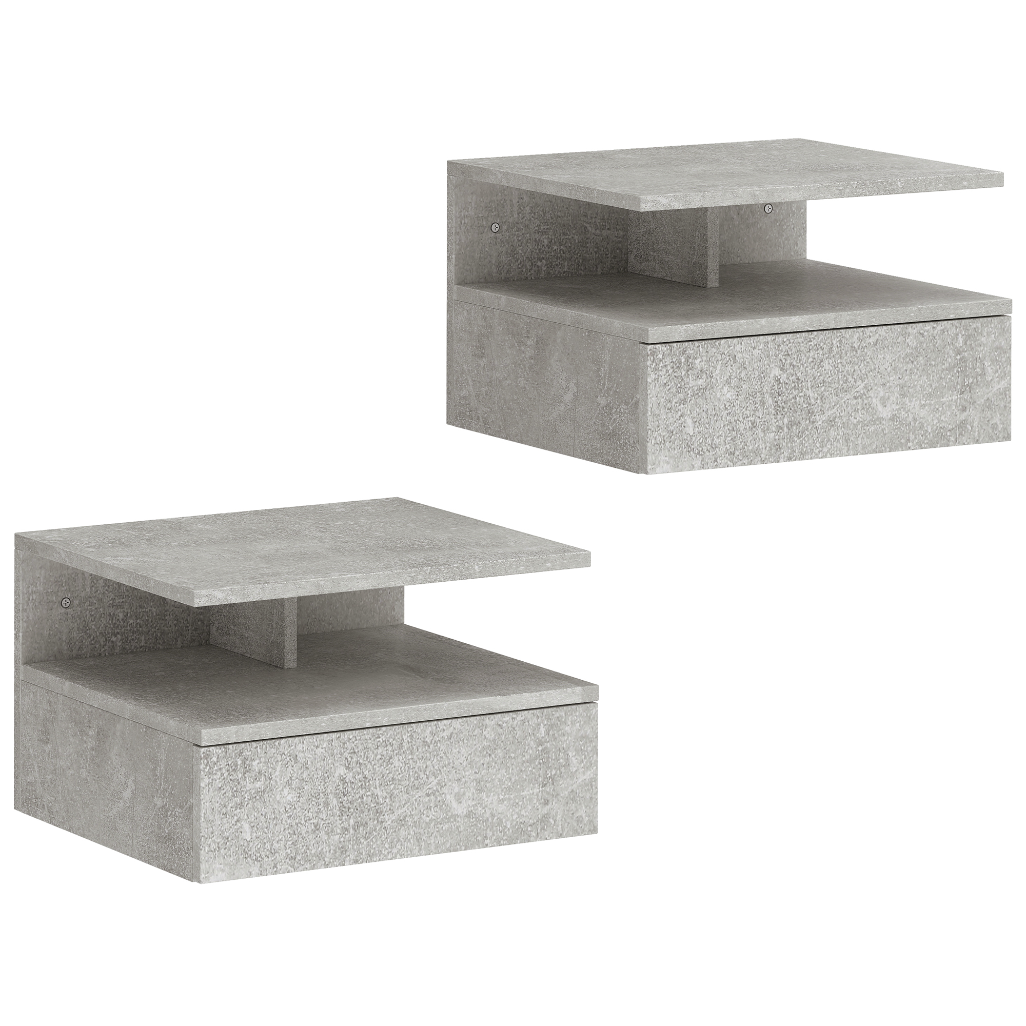 HOMCOM Set de 2 Noptiere Suspendate cu Sertar și Raft Deschis, 35x32x22.5 cm, Gri Ciment | Aosom Romania