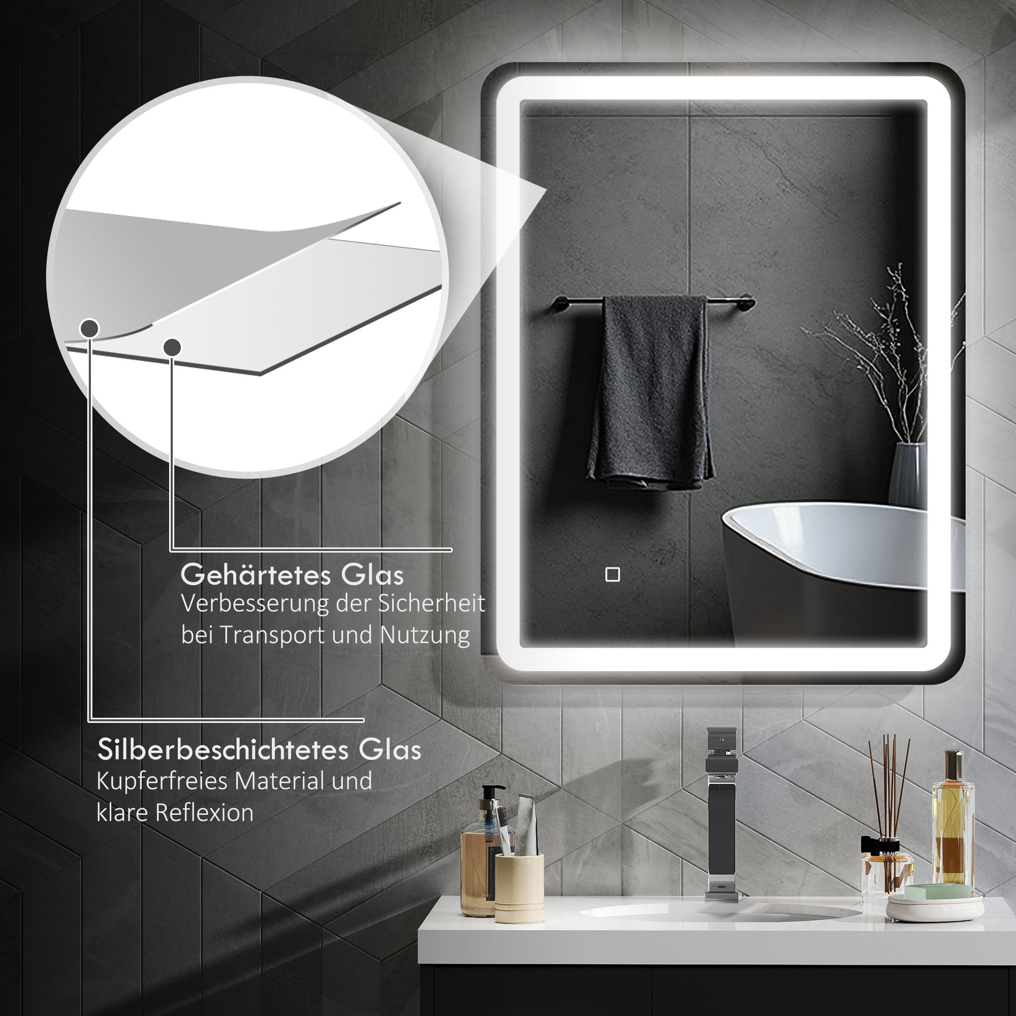 Vannitoa peegel, valgustatud, puutetundliku juhtimisega, uduvastane, hämardatav, 3 heledat värvi, 70x90, hõbedane