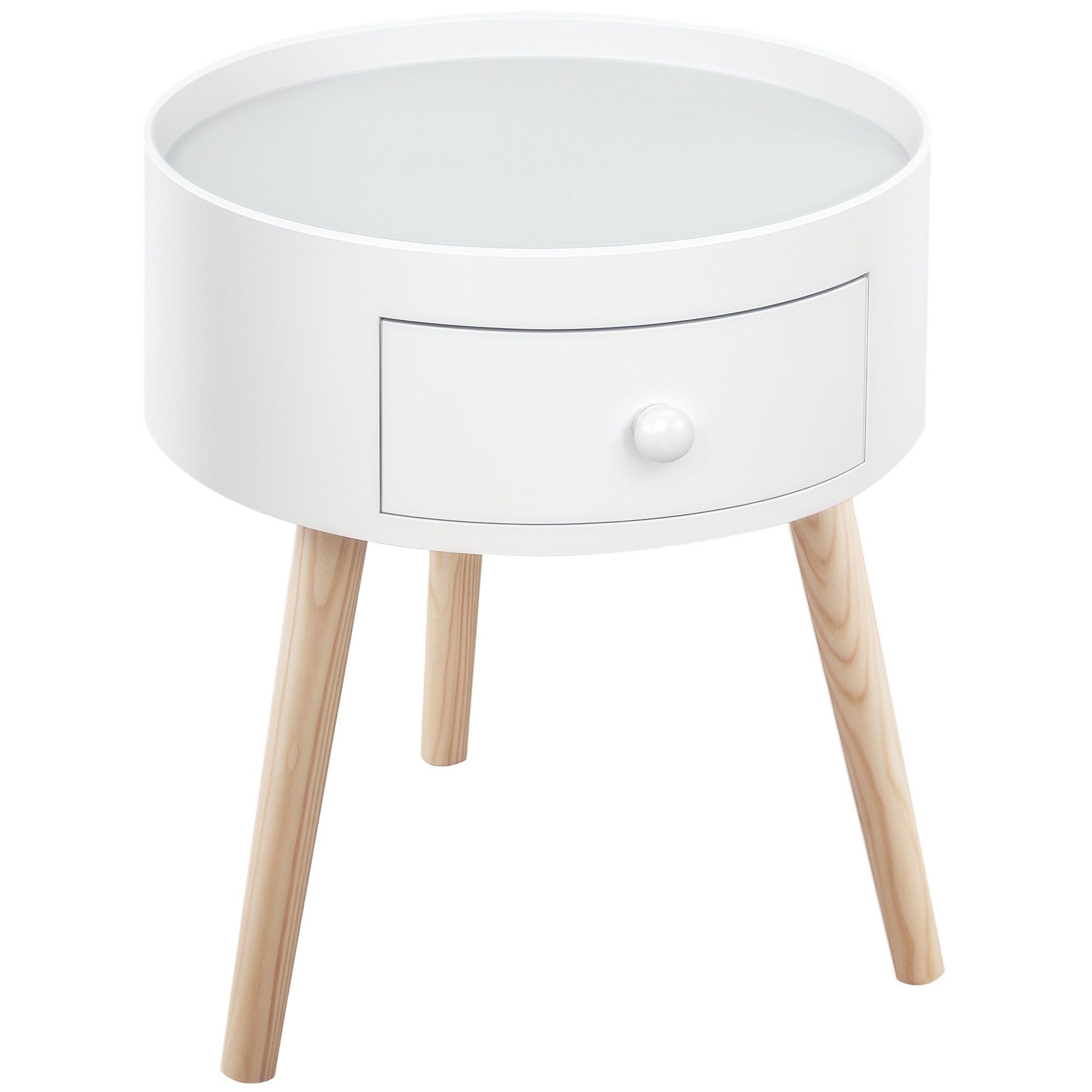 Homcom White, Natural Wood Colour Modern Round Coffee Table, Wooden Side Table With Drawer, Wood Legs, Living Room Storage, White | Aosom Uk