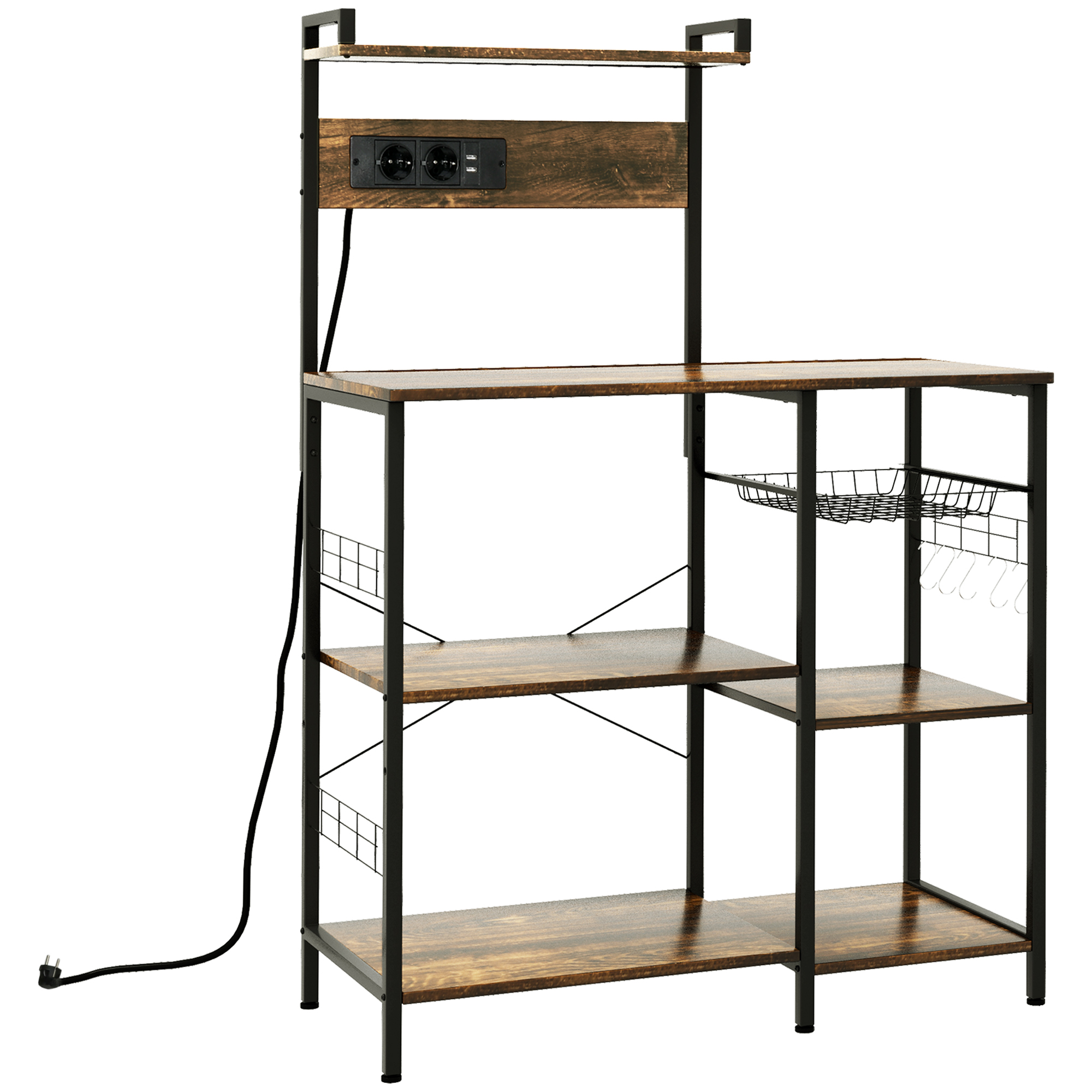HOMCOM Estantería para Microondas Marrón Rústico con Toma de Corriente Cargador USB 5 Ganchos 90x42x130 cm | Aosom España