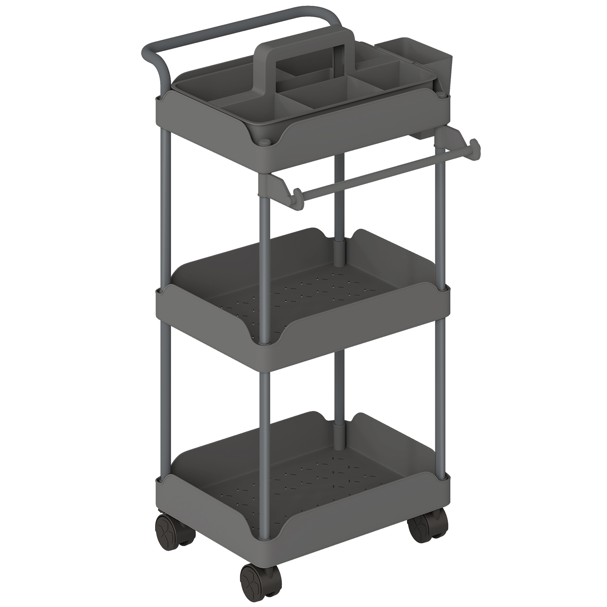 HOMCOM Carrito Auxiliar Cocina con Ruedas de 3 Niveles Estructura Metálica Carrito de Cocina con Cestas Extraíbles y Soporte para Toallas Gris | Aosom España