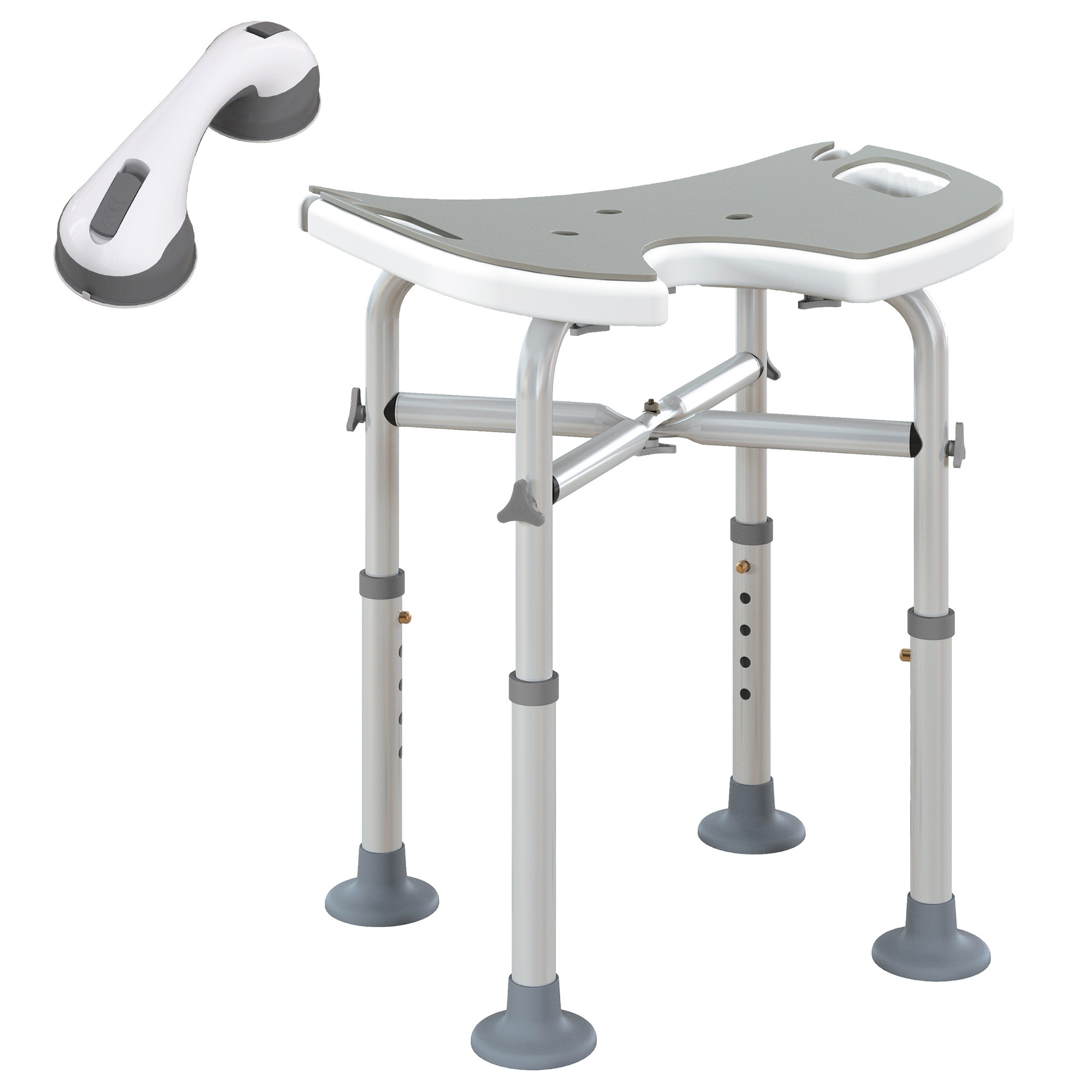 HOMCOM Tabouret de douche siège de douche hauteur ajustable 39-51,5 cm barre d'appui à ventouse patins à ventouse gris