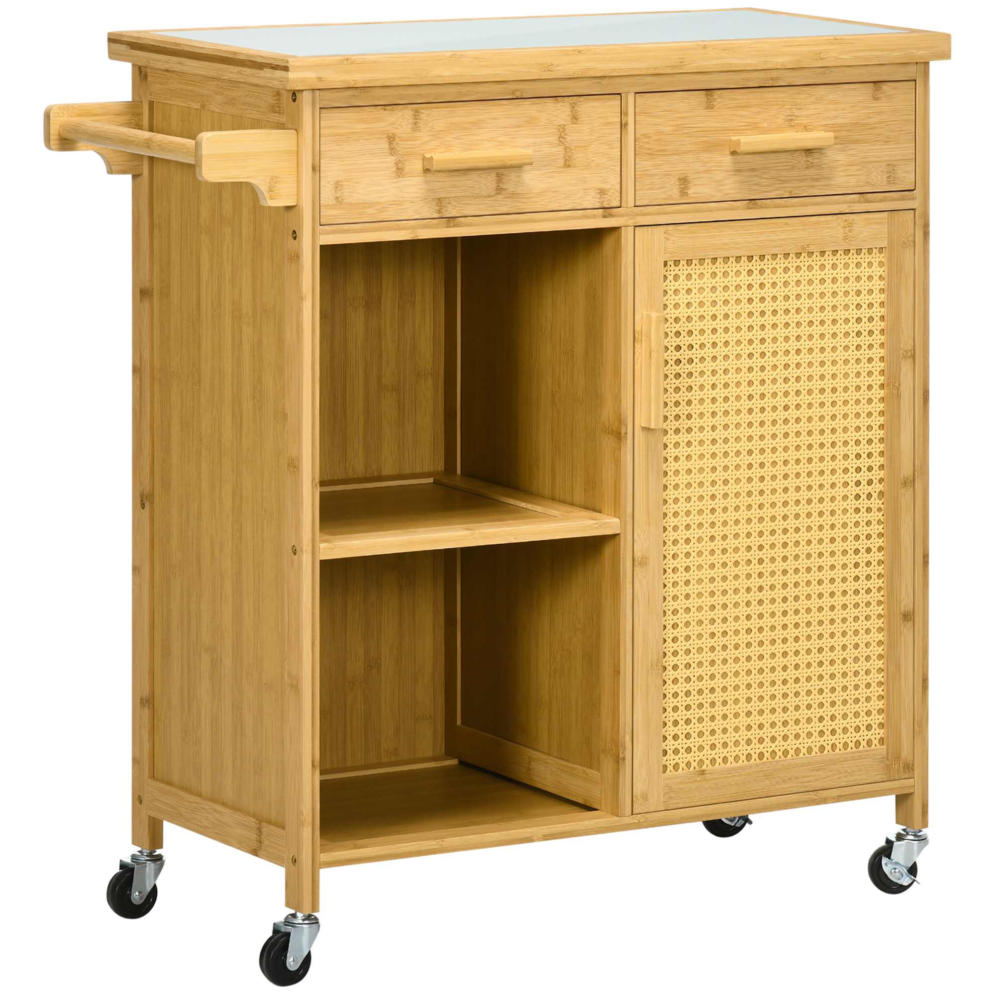 HOMCOM Küchenwagen Servierwagen mit Schublade, Schrank, offenen Ebenen, Handtuchhalter, Arbeitsplatte, Bambus, Natur Aosom