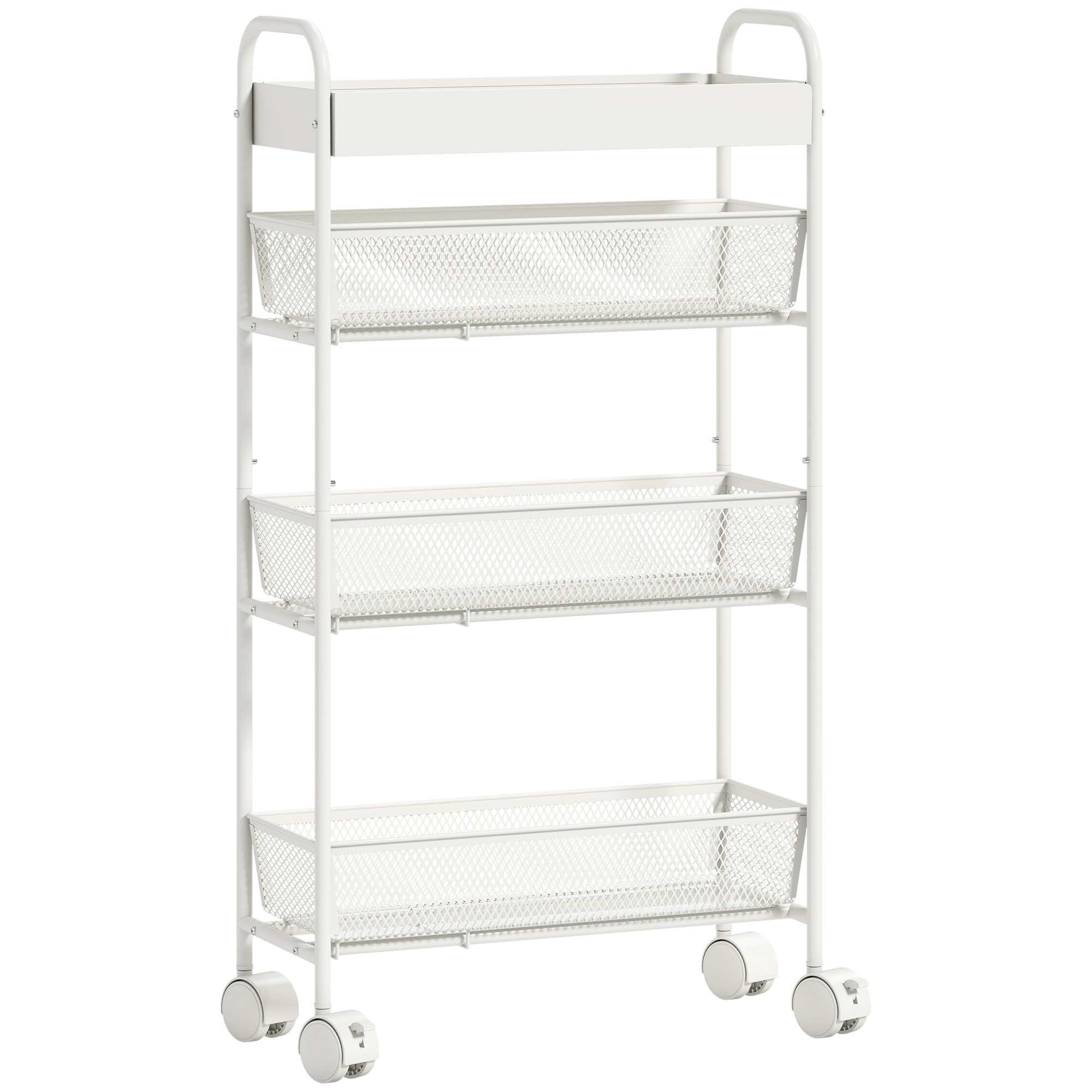Metal Kitchen Cart, 3 Baskets, Slim Design, 4 Wheels, for Kitchen, Living Room, Bathroom, White