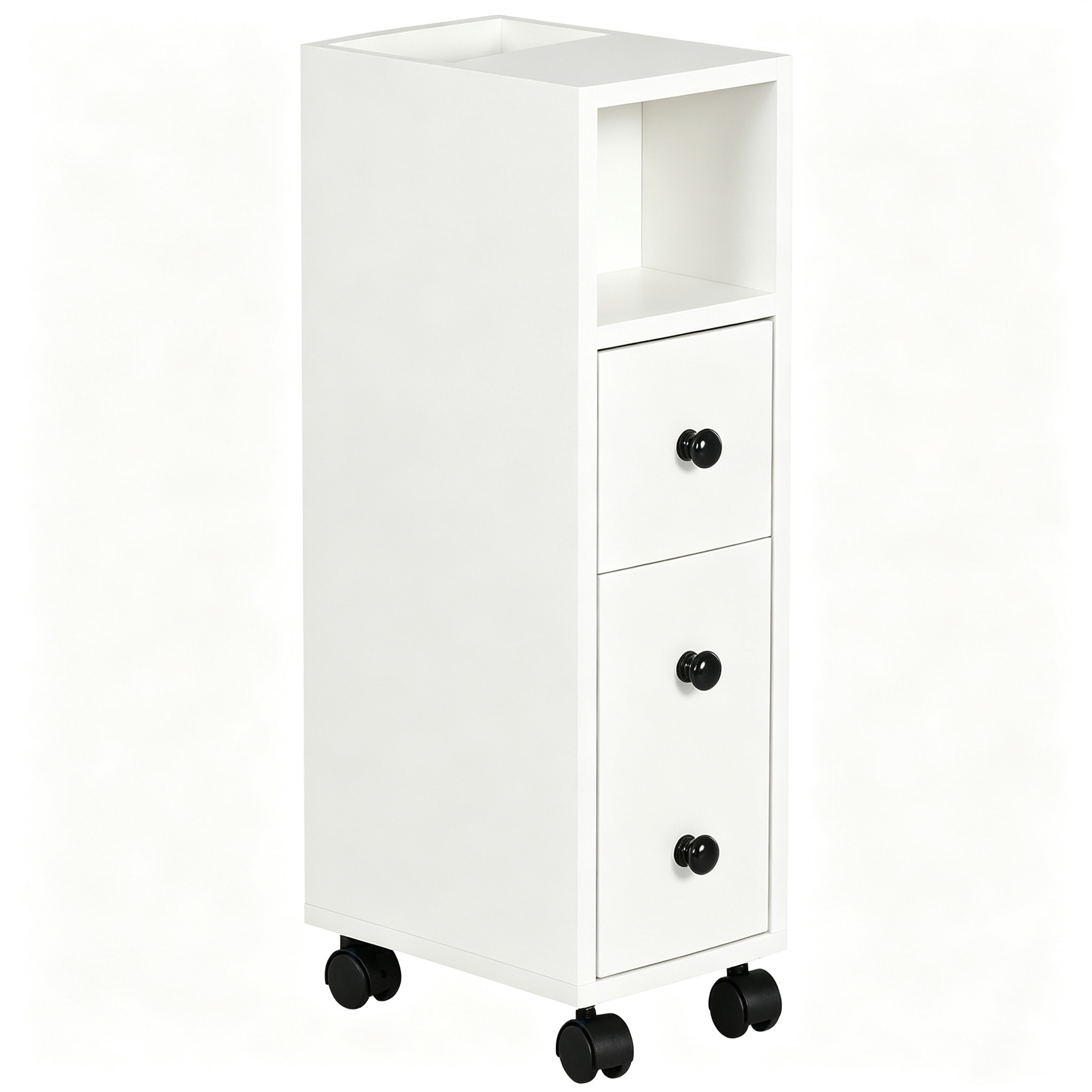 Kleankin White Slimline Bathroom Storage Unit W/ 2 Drawers 2 Open Compartments Wheels Handles Freestanding Compact Home Office Furniture | Aosom Uk