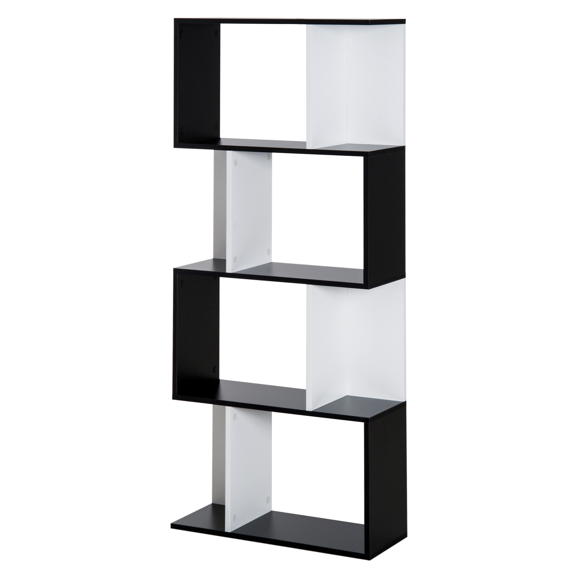 HOMCOM Bücherregal S-förmiges Standregal Lagerregal 4-stufige Vitrine mit Hardware-Schnalle moderner Raumteiler Spanplatte Schwarz+Weiß Aosom
