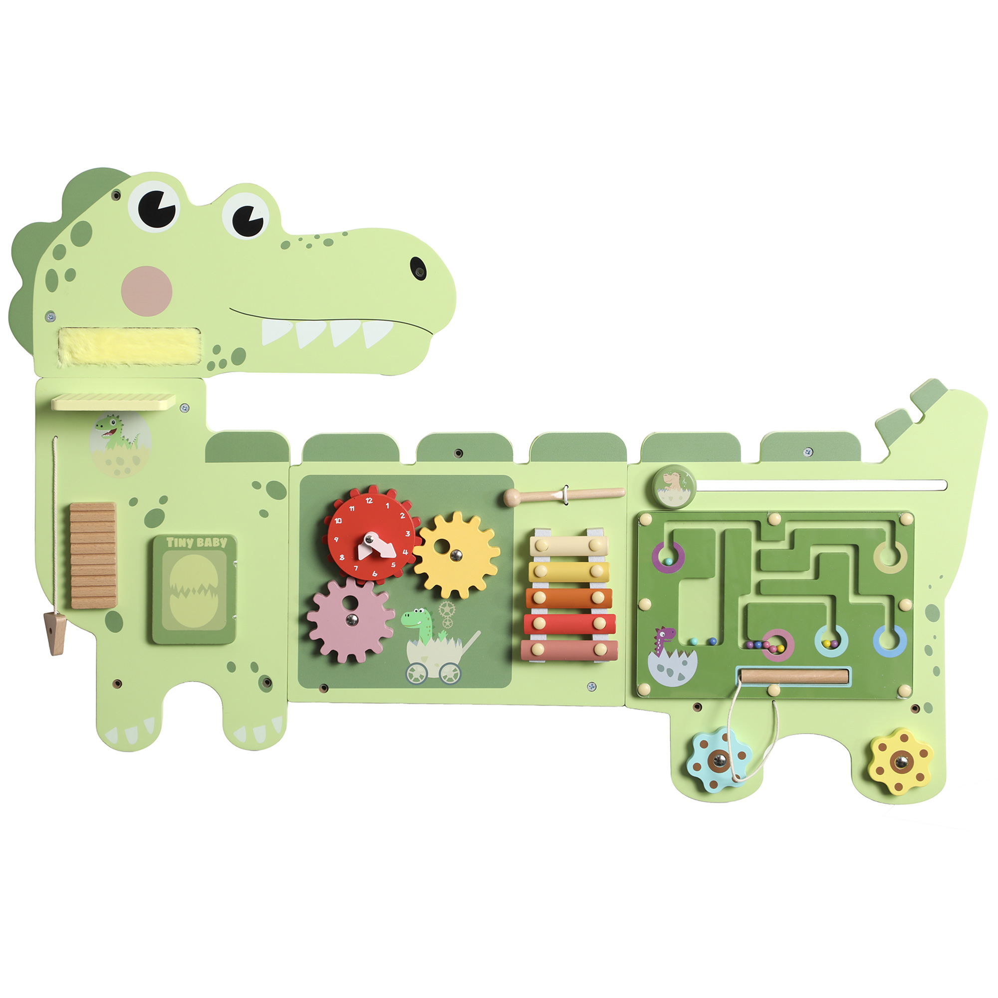 Montessori Motorikbrett Holz Busy Board Dinosaurier Wandmontiertes mit Xylophon Uhr Zahnrädern Klangstäbe
