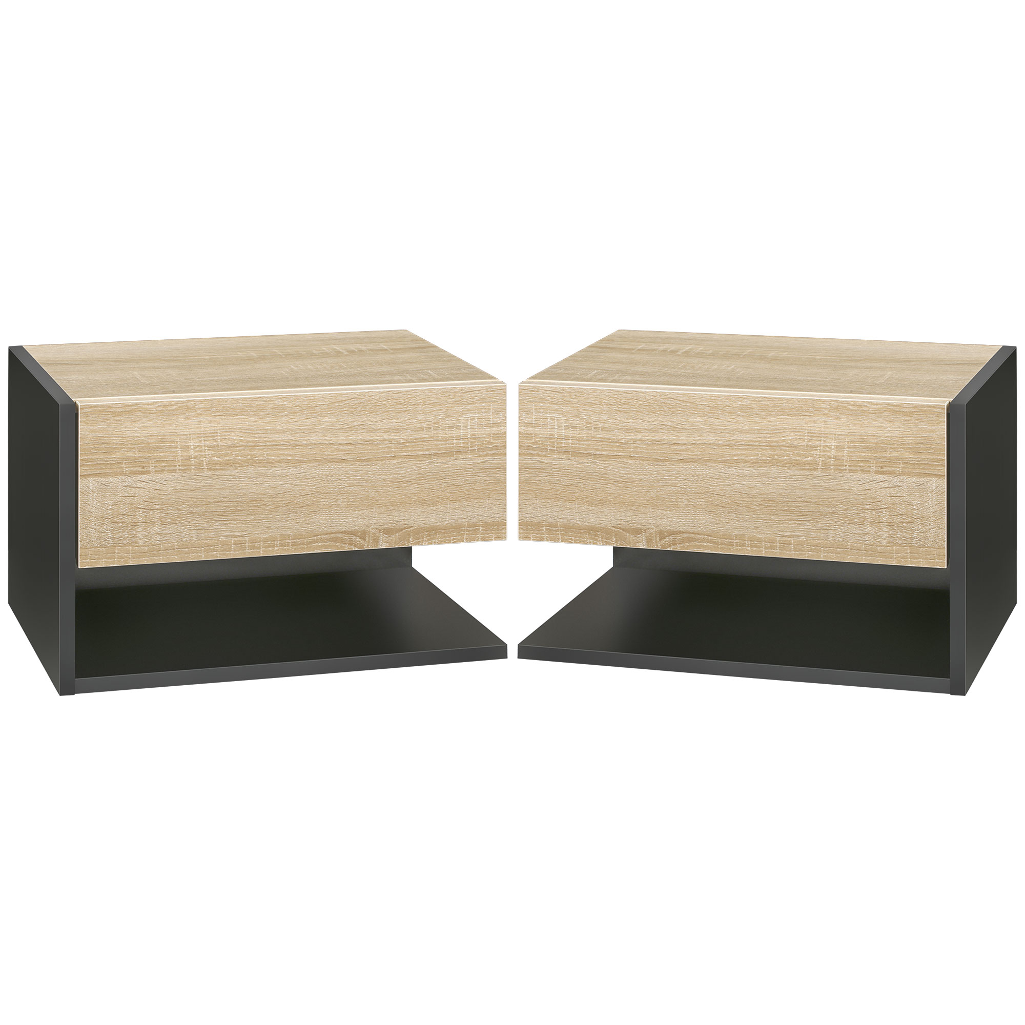 HOMCOM Juego de 2 Mesitas de Noche Flotantes Mesitas de Noche Colgantes con 1 Cajón y Estante Abierto 46x30x30cm Roble y Negro
