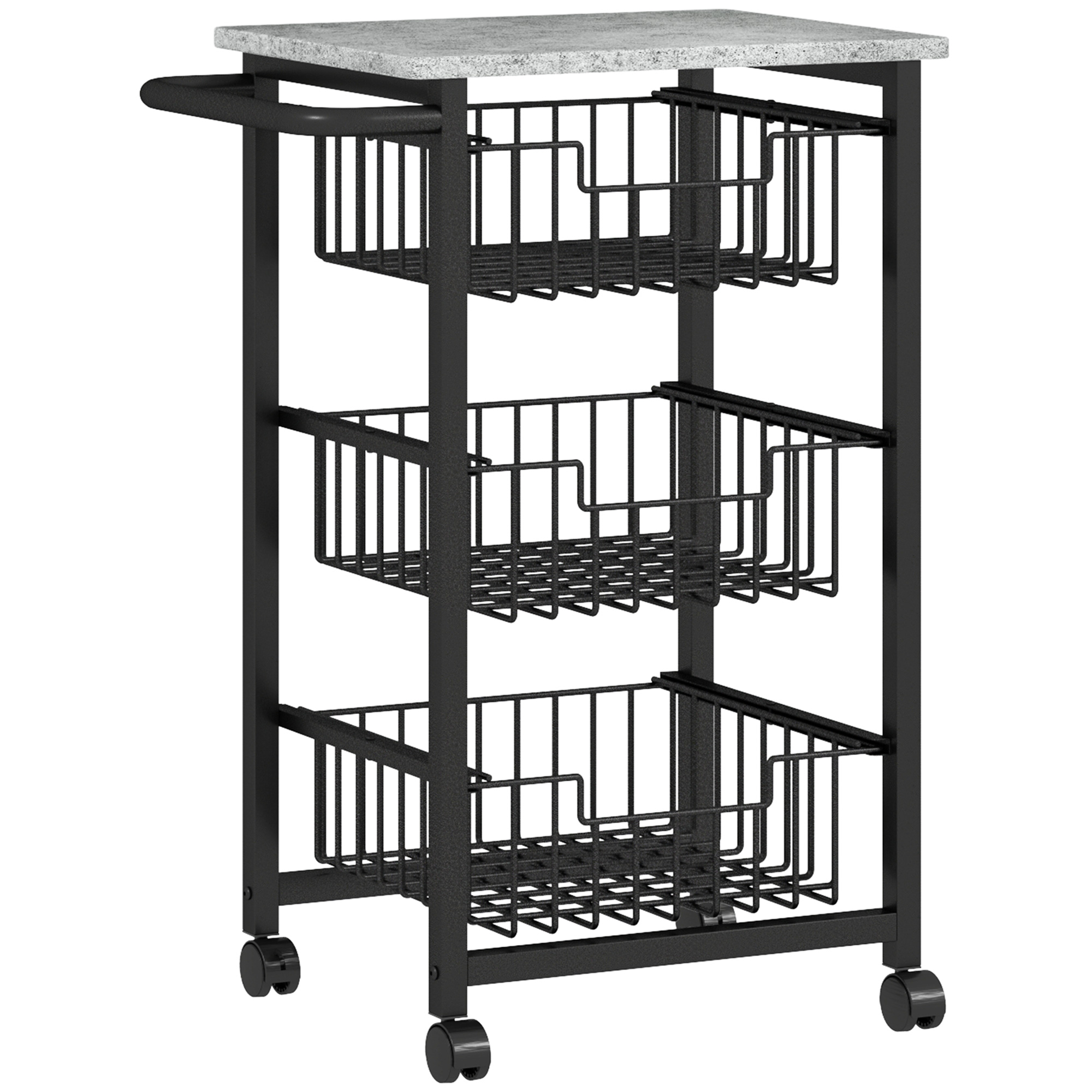 3-Tier Kitchen Cart on Wheels, Rolling Serving Cart, Kitchen Trolley with 3 Steel Baskets, Serving Cart