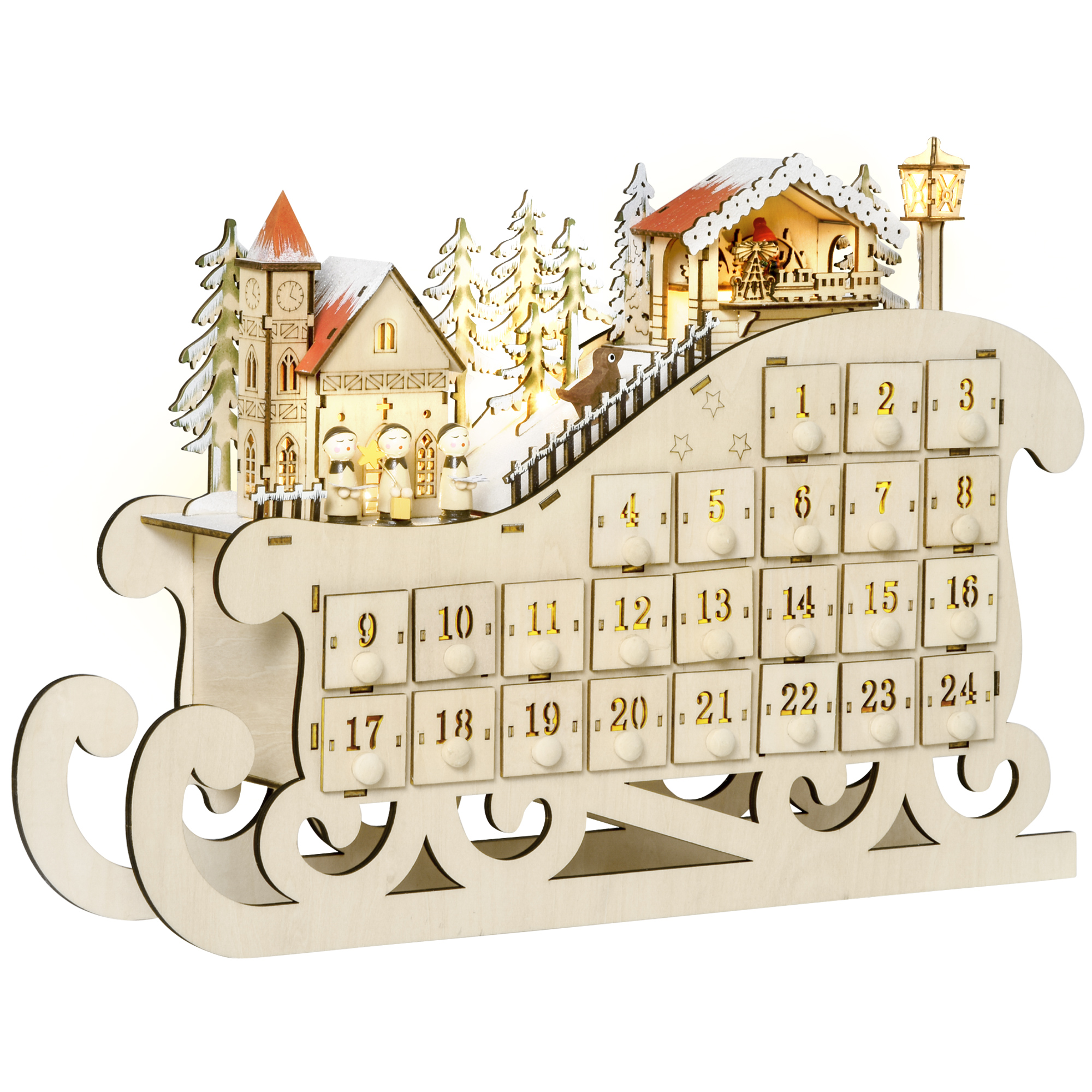 Adventskalender zum Befüllen mit 24 Schubladen LED-Lichtern Schlitten-Form, DIY Weihnachtskalender Weihnachts-Countdown-Kalender Geschenk für Kinder Erwachsene