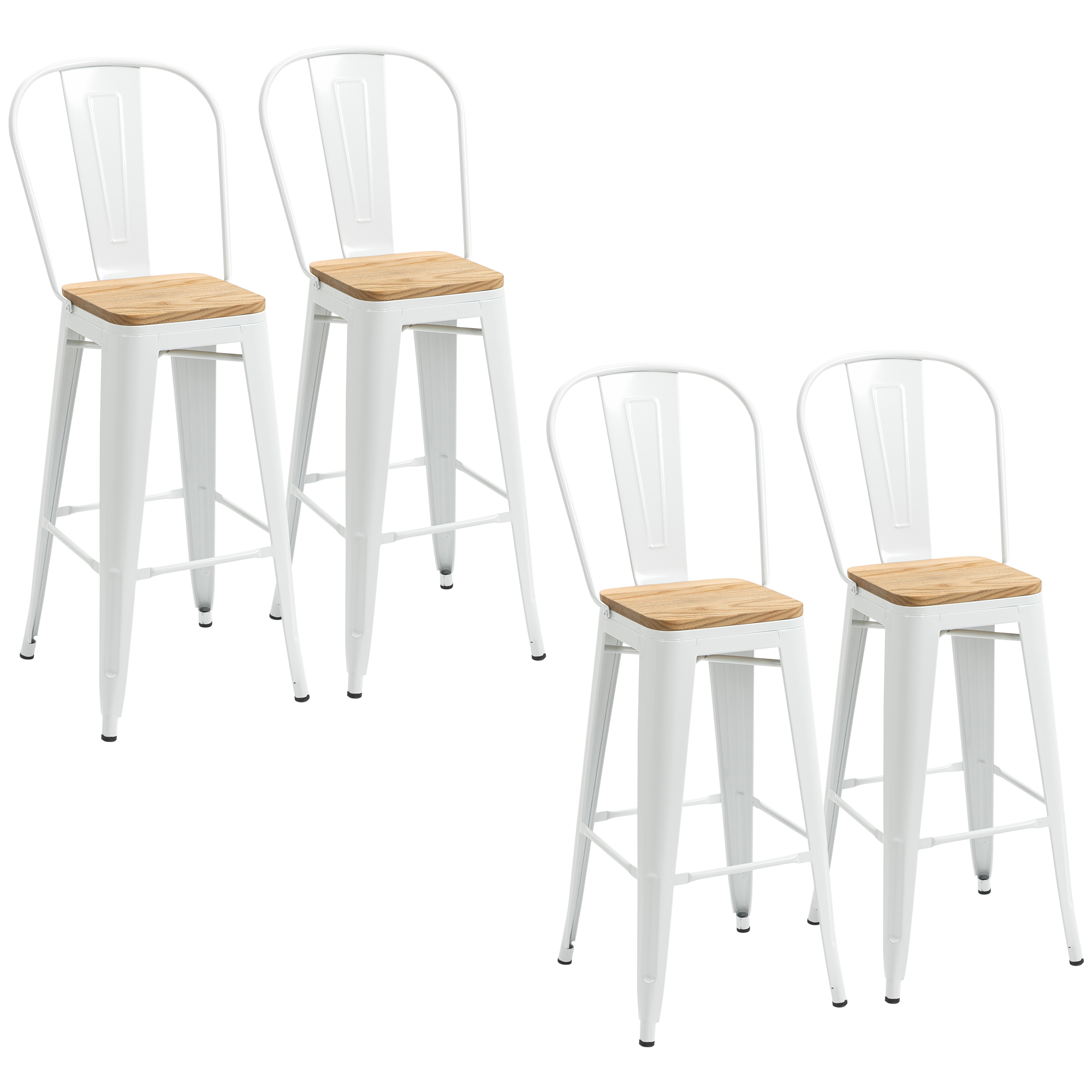Lot de 4 tabourets de bar industriel avec dossier repose-pied hauteur assise 76 cm métal blanc