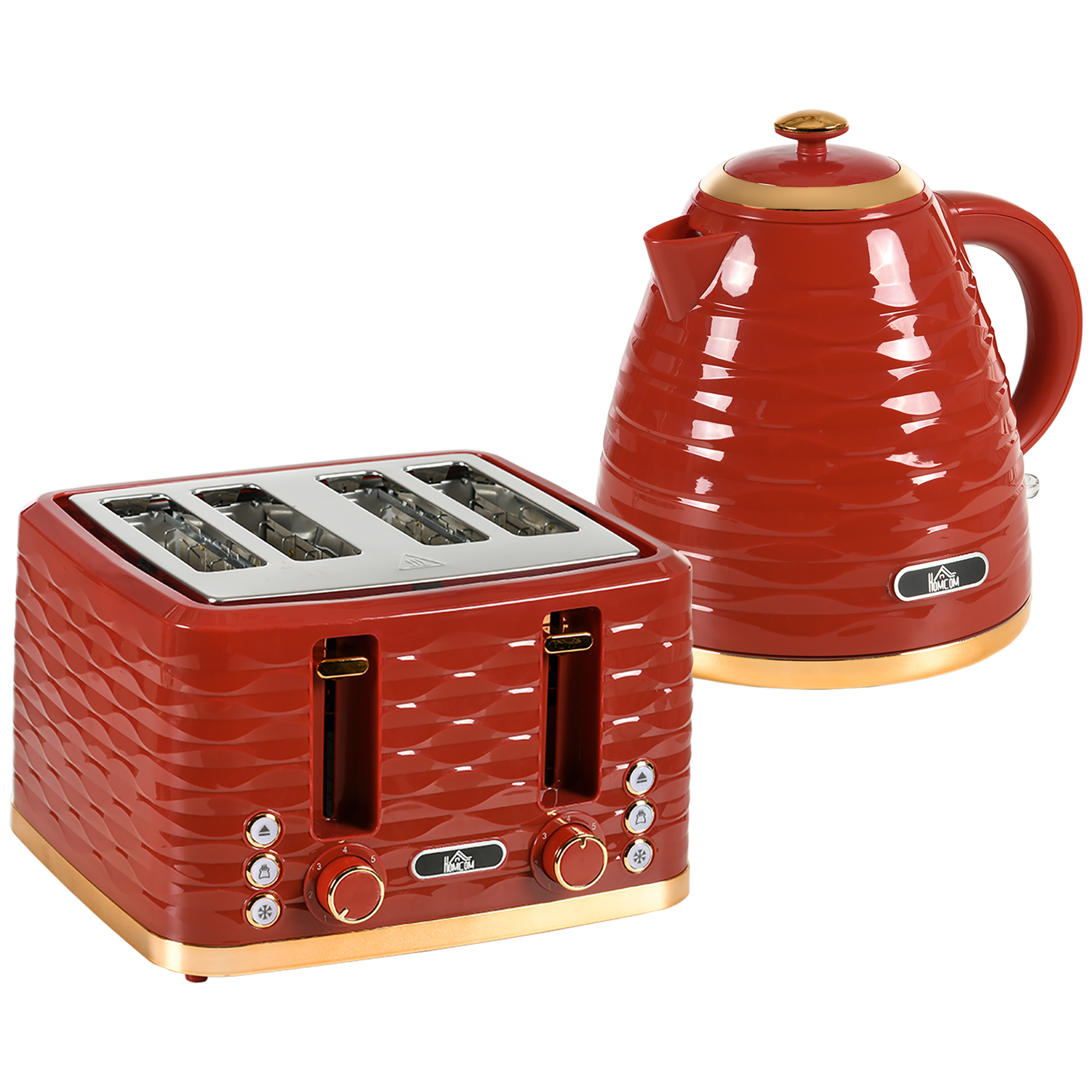 HOMCOM 3000W 1.7L Rapid Boil Kettle & 4 Slice Toaster, Kettle and Toaster Set with 7 Browning Controls and Crumb Tray, Red