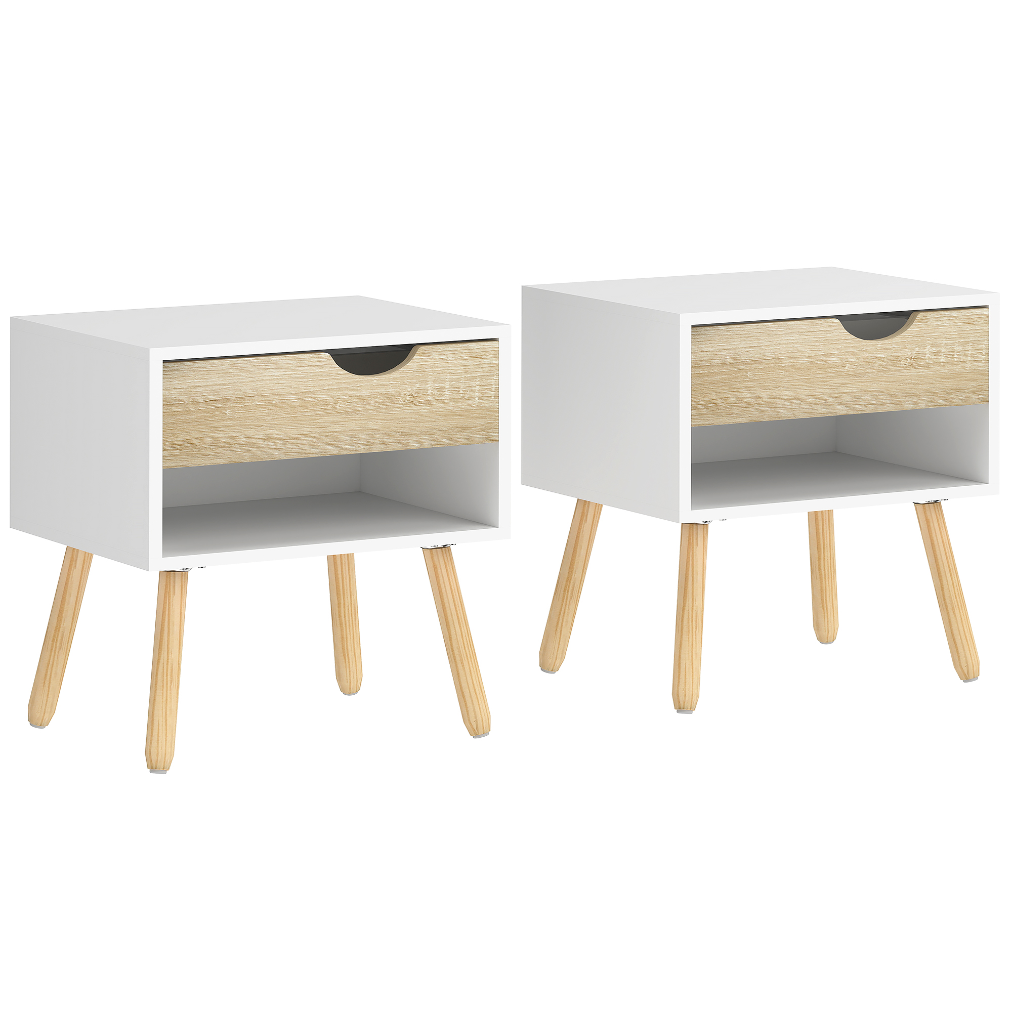 HOMCOM Set of 2 Bedside Tables with Drawer and Shelf, Modern Nightstand, End Table for Bedroom, Living Room
