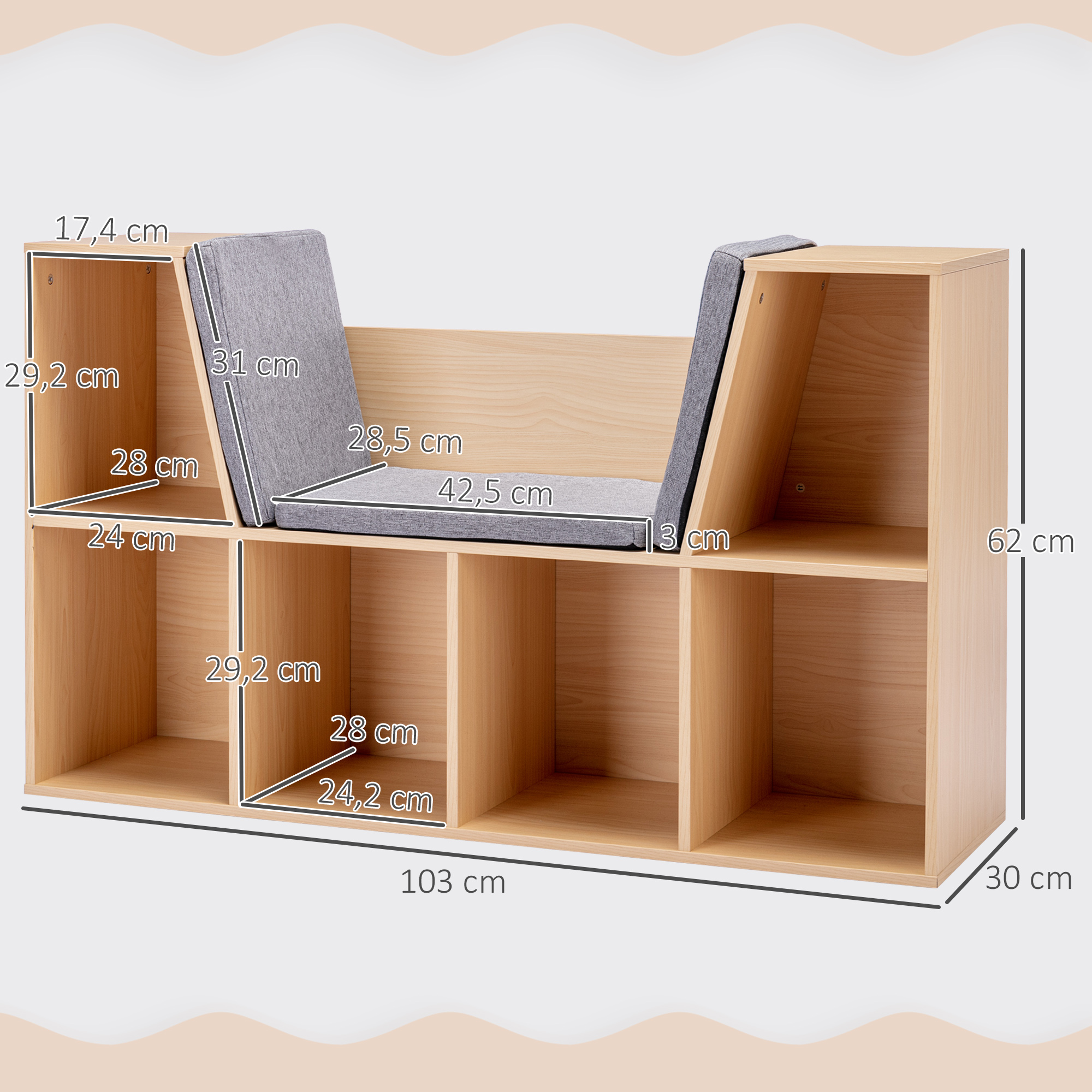 2-ühes laste riiul + pink koos padjaga, 103 cm × 30 cm × 62 cm, valge + hall