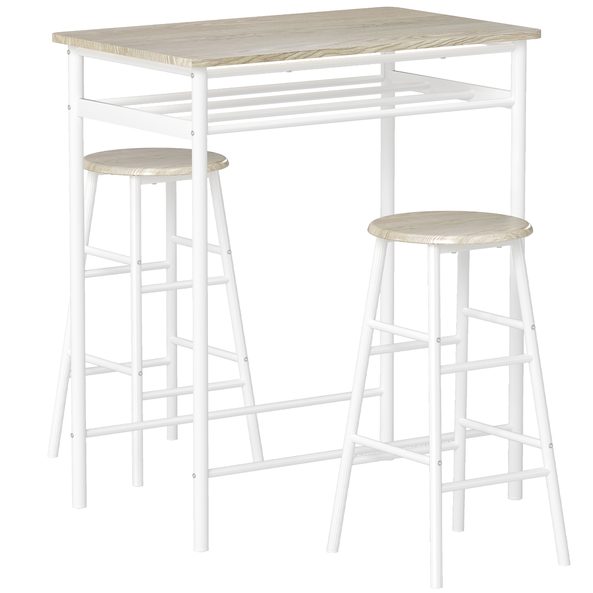 HOMCOM Ensemble table de bar avec tabourets, table à manger debout avec 2 chaises, étagère et pieds en métal, 80x50x90cm, blanc HOMCOM Ensemble table de bar avec tabourets, table à manger debout avec 2 chaises, étagère et pieds en métal, 80x50x90cm, blanc