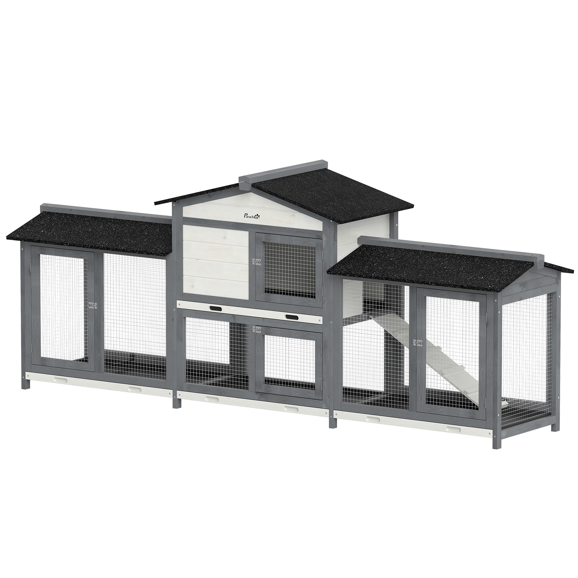 Hasenstall 2 Etagen Kaninchenstall Holz 230 x 53 x 93,5 cm Winterfest mit Asphaltdach Freilaufgehege herausziehbar Wanne