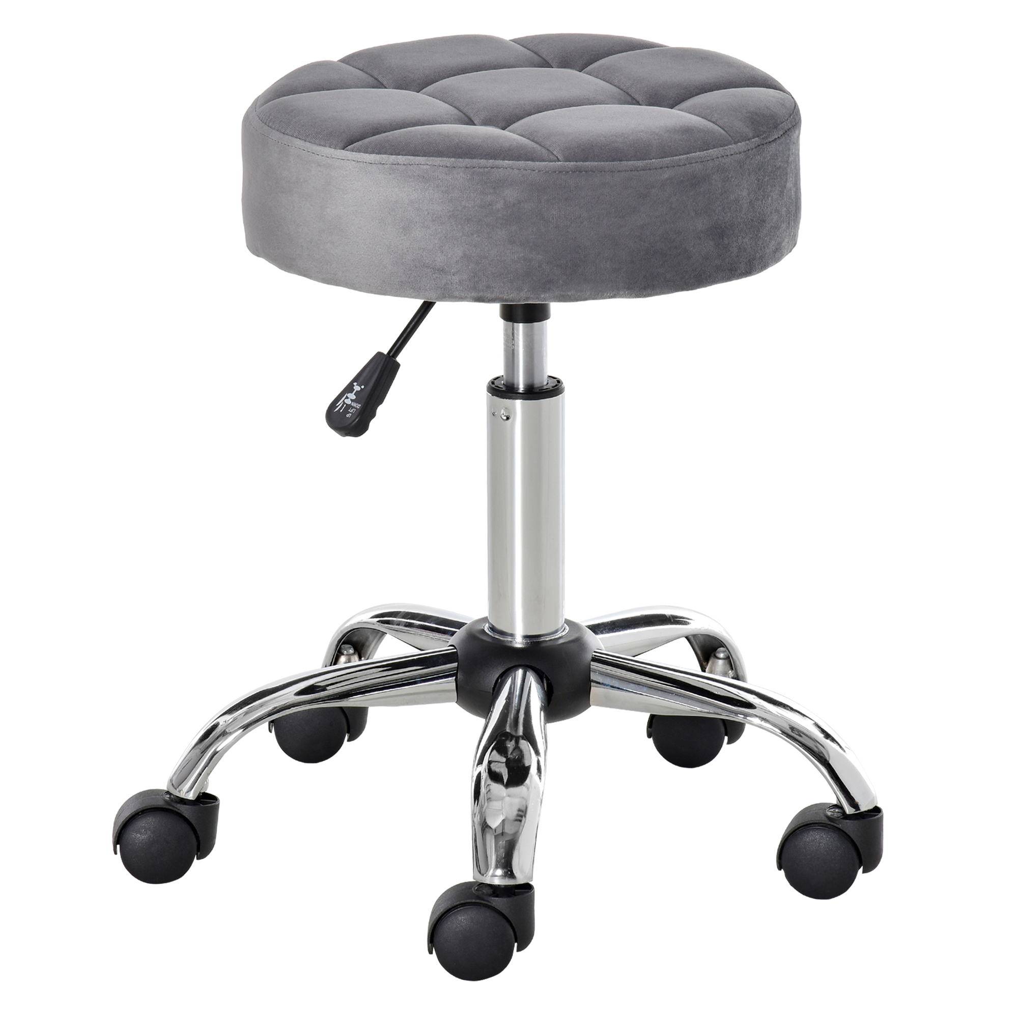 Salonstuhl mit Rädern Rollhocker höhenverstellbar drehbar Salon Hocker Samt-Touch Schaumstoff Chrom-Basis Hellgrau 35 x 35 x 49-61 cm