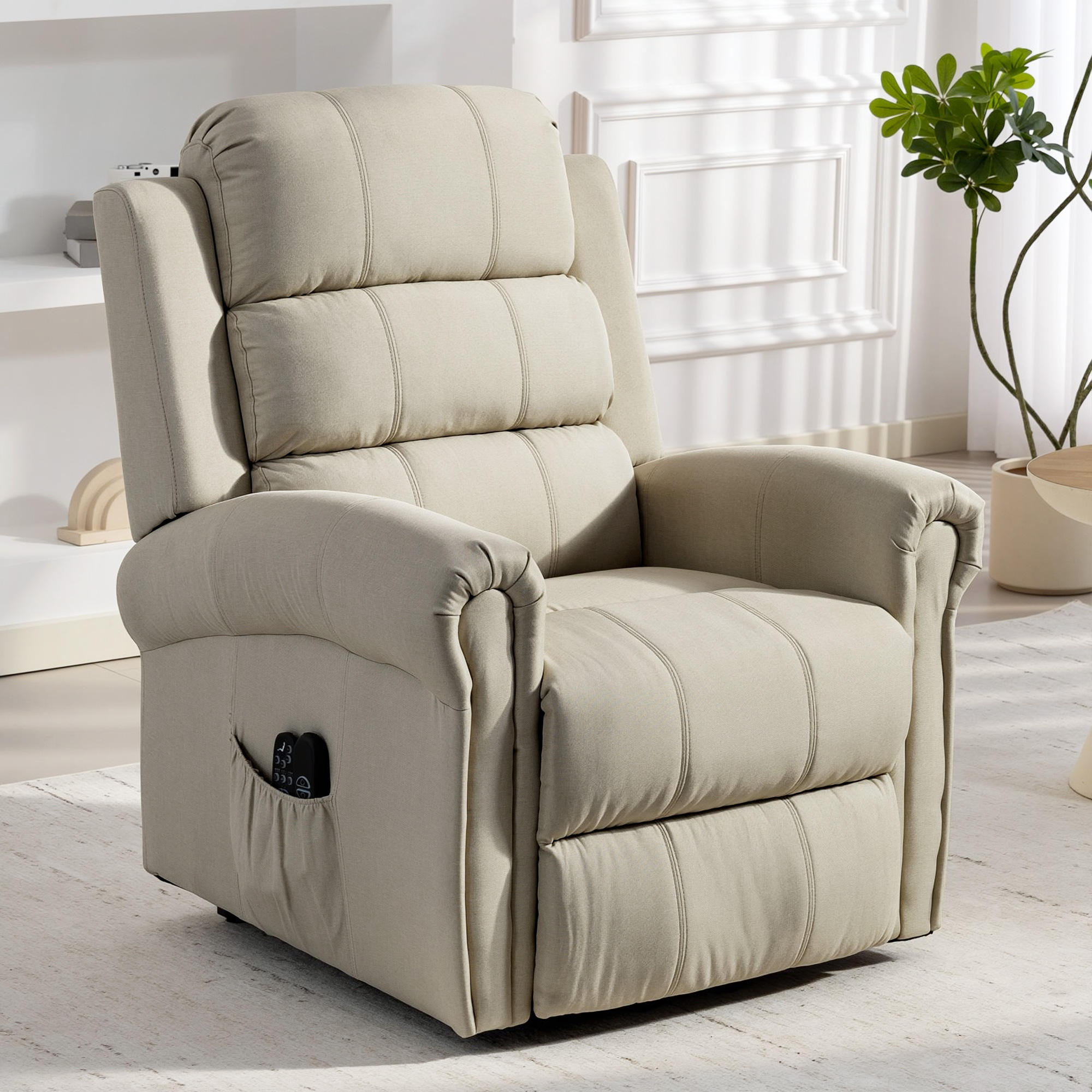 HOMCOM Fernsehsessel Elektrisch Relaxsessel mit Aufstehhilfe, Vibrationsmassage, Liegefunktion, Massagesessel mit Fernbedienung mit USB Anschluss, Seitentasche, Leinenoptik, für Wohnzimmer, Beige   Aosom