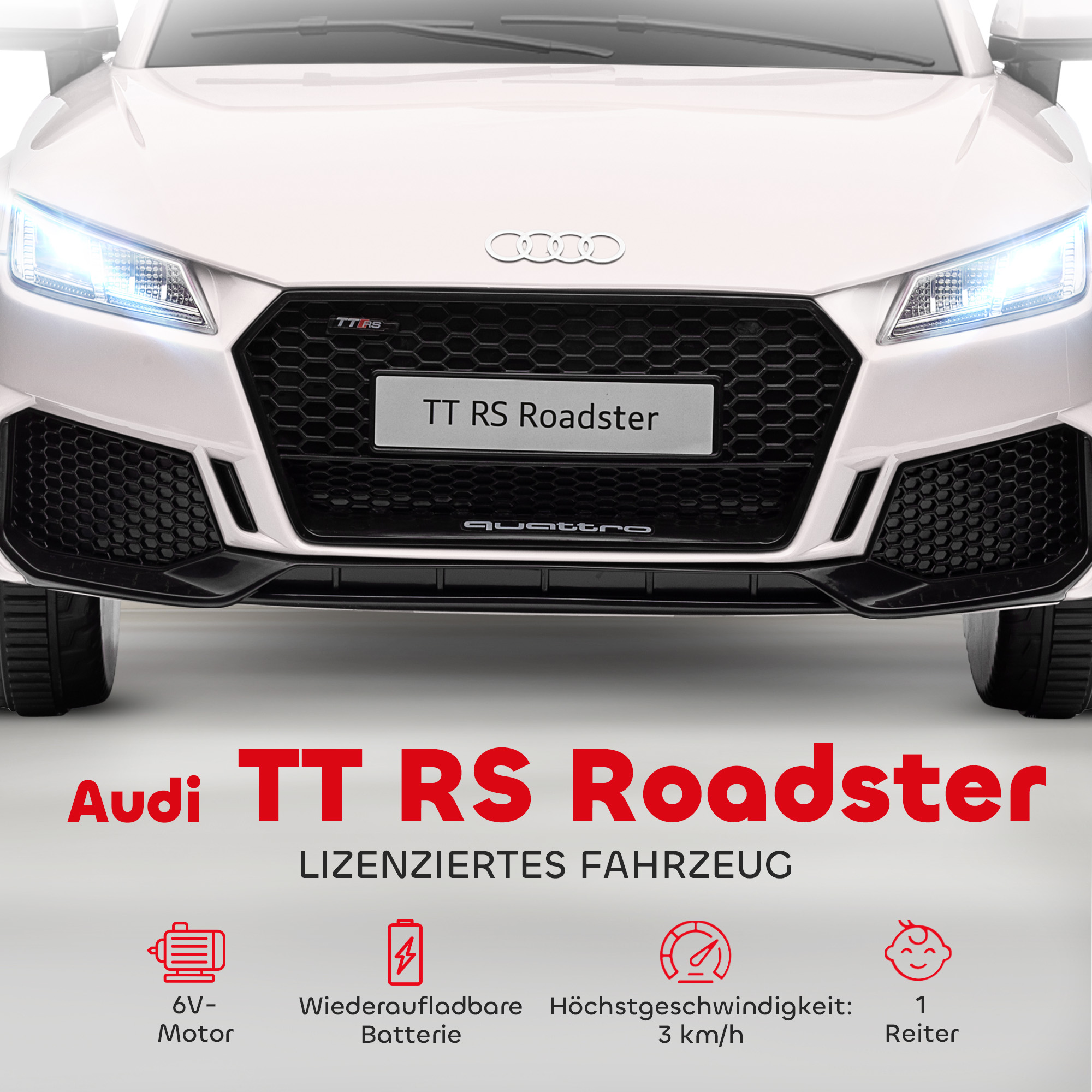 Laste elektriauto, Audi TT RS Roadster, 3 km/h, puldiga, LED, USB, valge