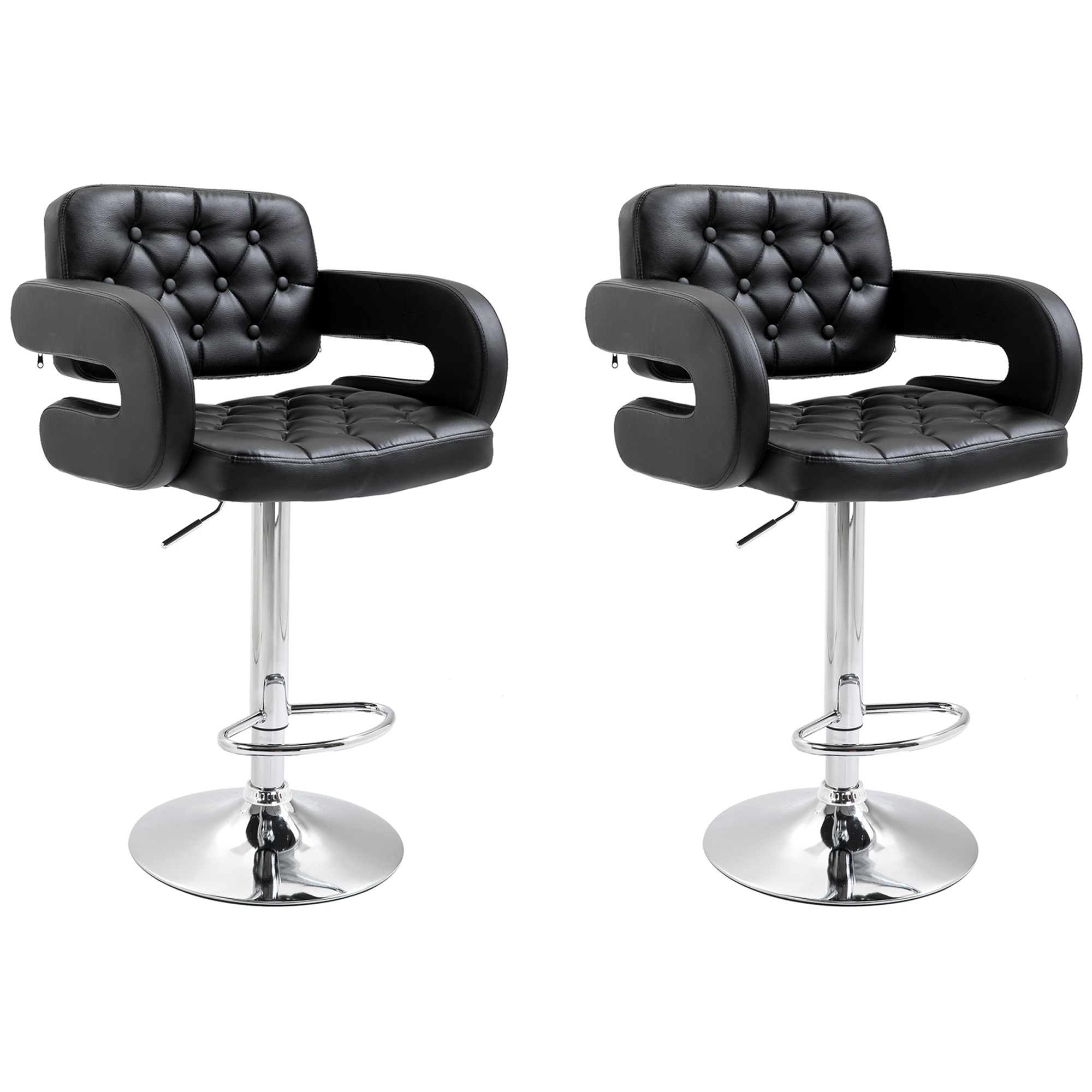 Black Set Of 2 Pu Leather Upholstered Swivel Bar Stool, Height Adjustable Barstool With Back, Armrest, Footrest For Kitchen