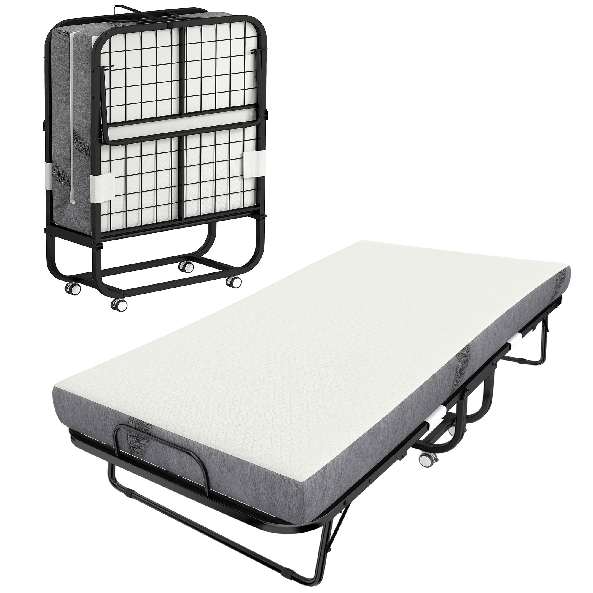 Lit pliant 1 personne avec matelas, lit d'appoint pliable et portable sur roulettes, cadre en acier, blanc