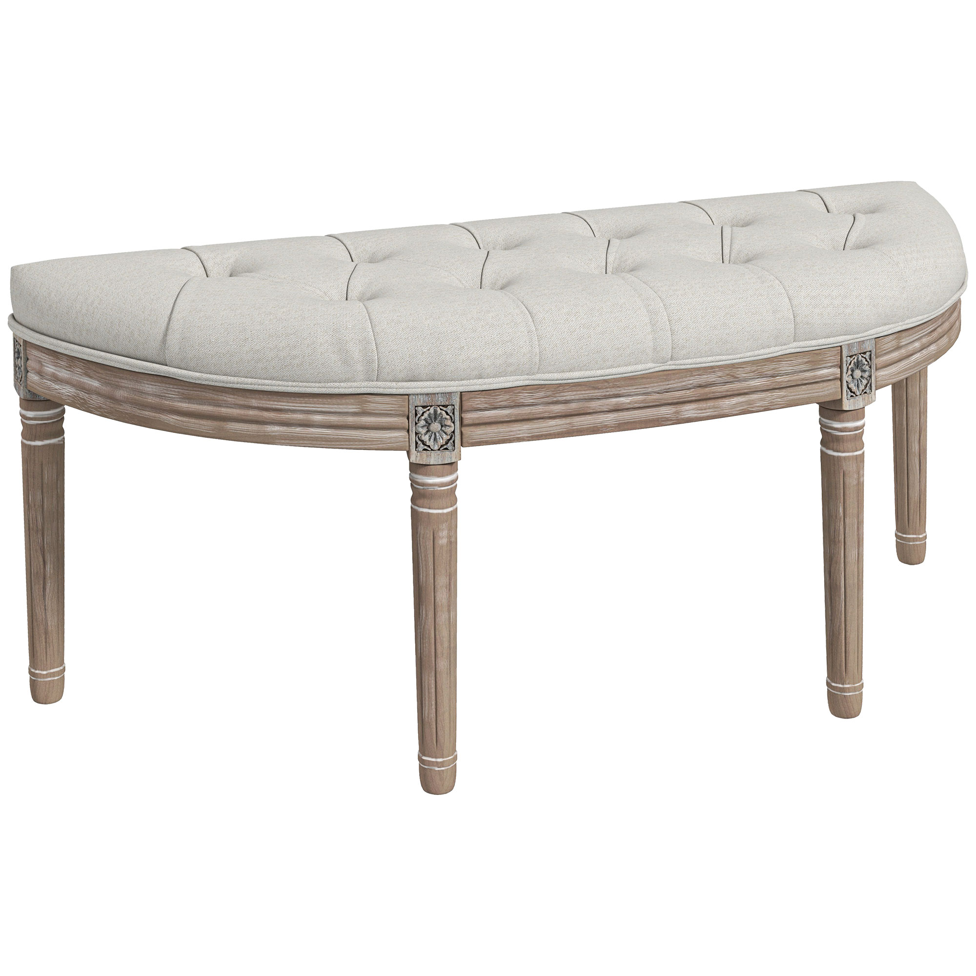 HOMCOM Banc Bout de Lit Demi-Lune Style Louis XVI en Bois Sculpté et Tissu Lin Crème   Aosom France