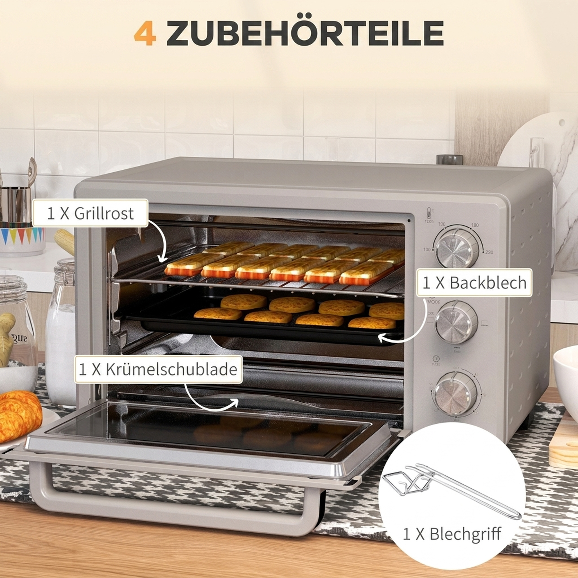 Miniahi, 21 l rösterahi 1 resti ja 1 küpsetusplaadiga, 3 küpsetusrežiimi, 100 °C–230 °C, roostevaba teras, klaas, hõbedane