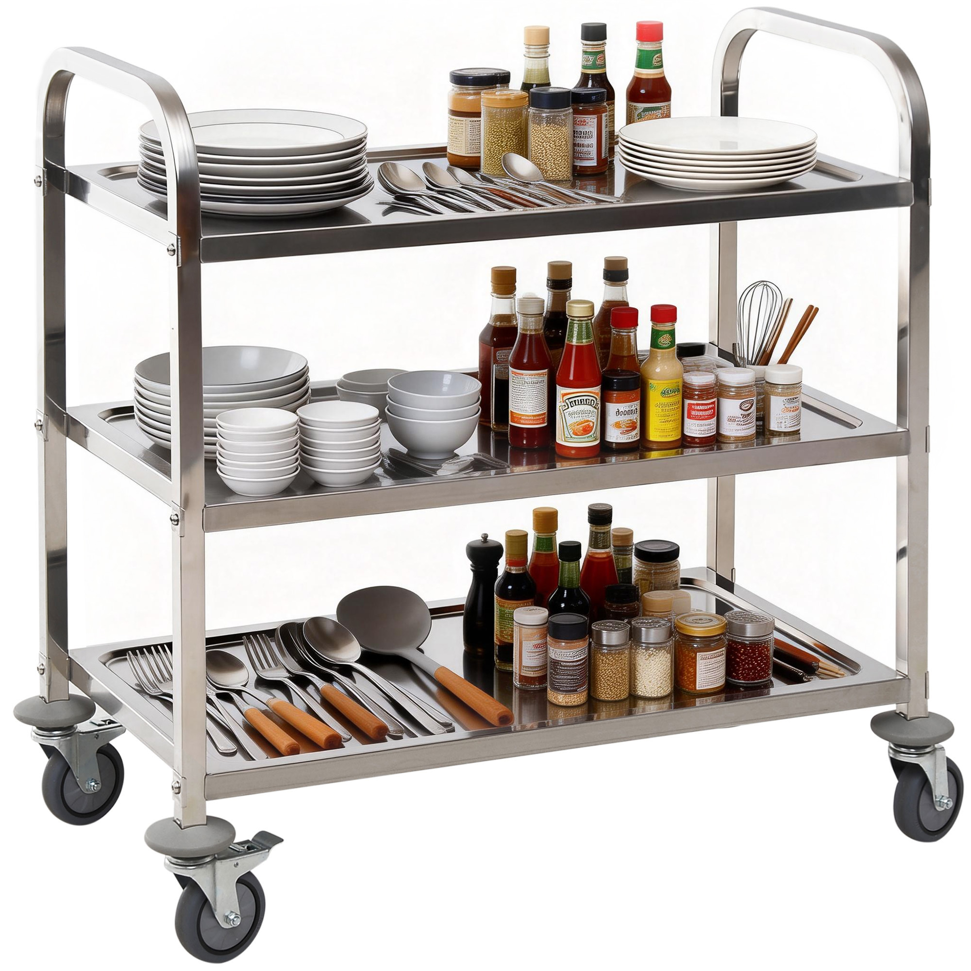 HOMCOM Carro de Servicio Metal Multiusos Carrito Auxiliar con Ruedas Carro de Cocina 3 Niveles Carga 50kg Acero Inoxidable | Aosom España