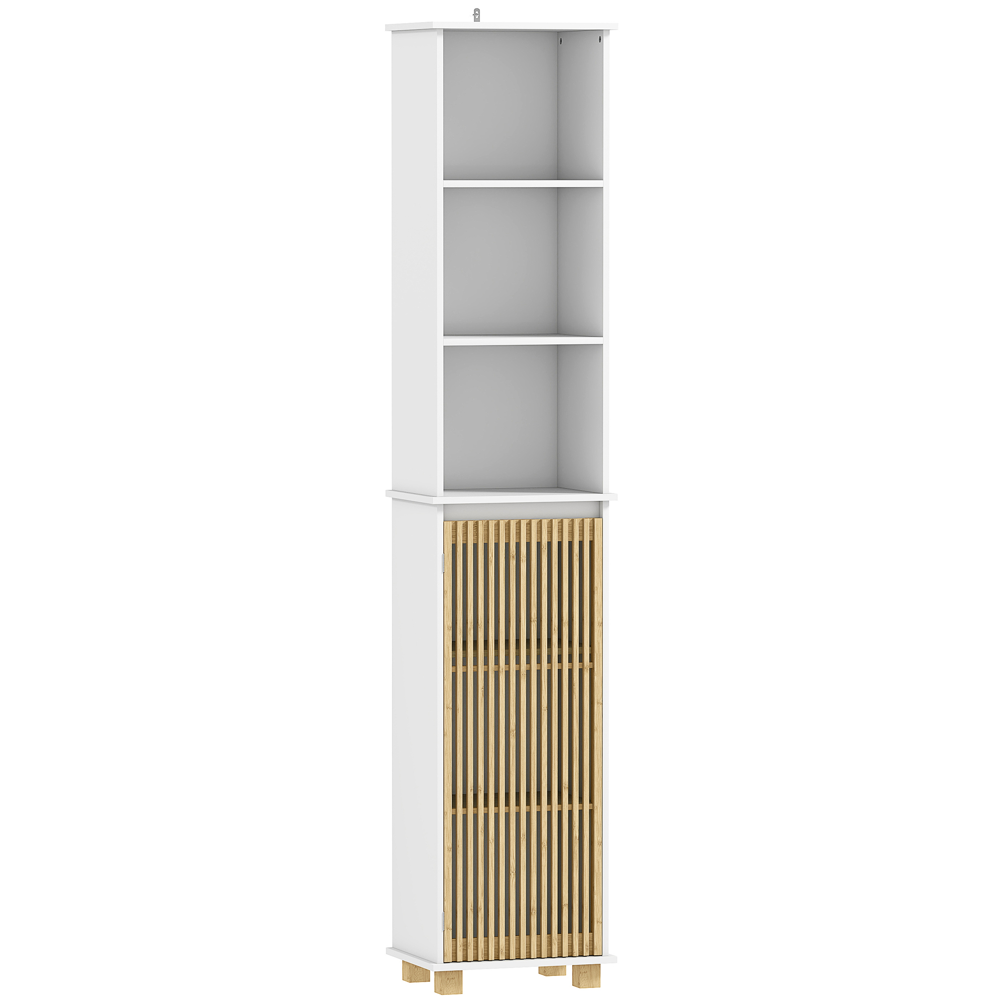 HOMCOM Colonne salle de bain, meuble salle de bain rangement avec porte à lattes en bambou et compartiments ouverts, blanc HOMCOM Colonne salle de bain, meuble salle de bain rangement avec porte à lattes en bambou et compartiments ouverts, blanc