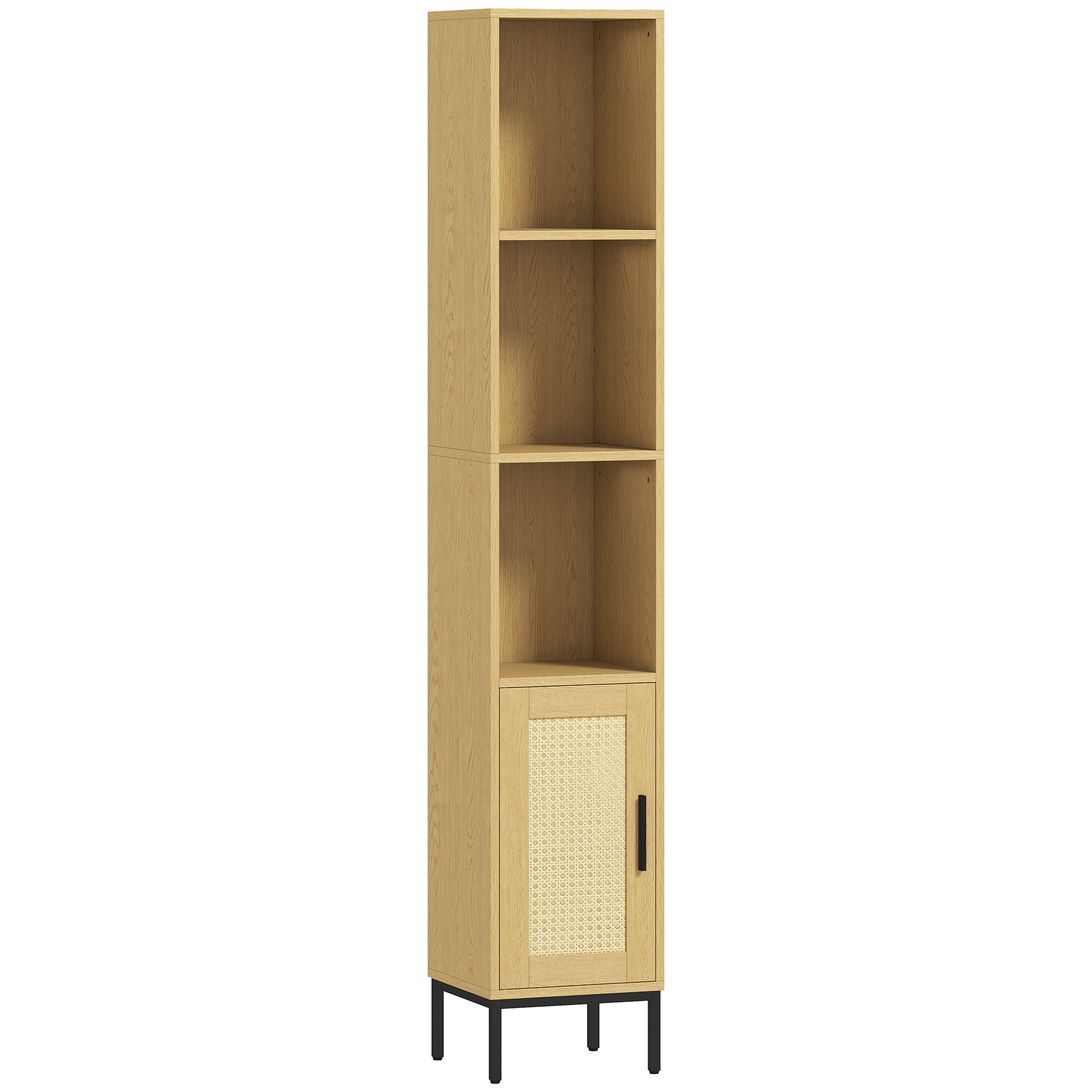 Hoher Badezimmerschrank, schmaler Badschrank mit offenen Ablagen und verstellbarem Einlegeboden, Naturholzoptik