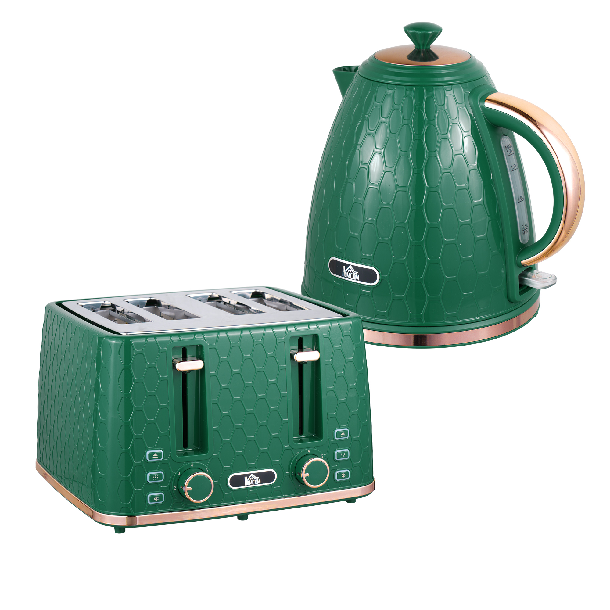 HOMCOM Kettle and Toaster Set, 1.7L 3000W Fast Boil Jug Kettle with Auto Shut Off, 4 Slice Toaster with 7 Level Browning Controls & Crumb Tray, UK Otter Thermostat, Green HOMCOM Kettle and Toaster Set, 1.7L 3000W Fast Boil Jug Kettle with Auto Shut Off, 4 Slice Toaster with 7 Level Browning Controls & Crumb Tray, UK Otter Thermostat, Green