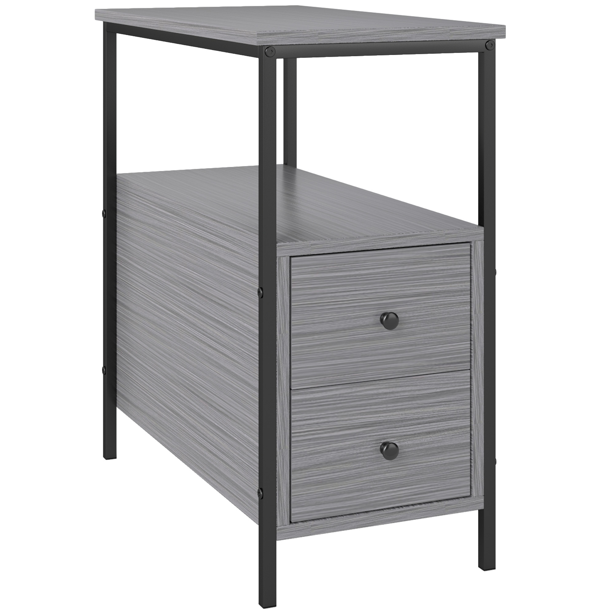 HOMCOM Side Table, Narrow Bedside Table with 2 Drawers and Storage Shelf, Industrial End Table with Metal Frame for Small Spaces, Grey Wood Grain