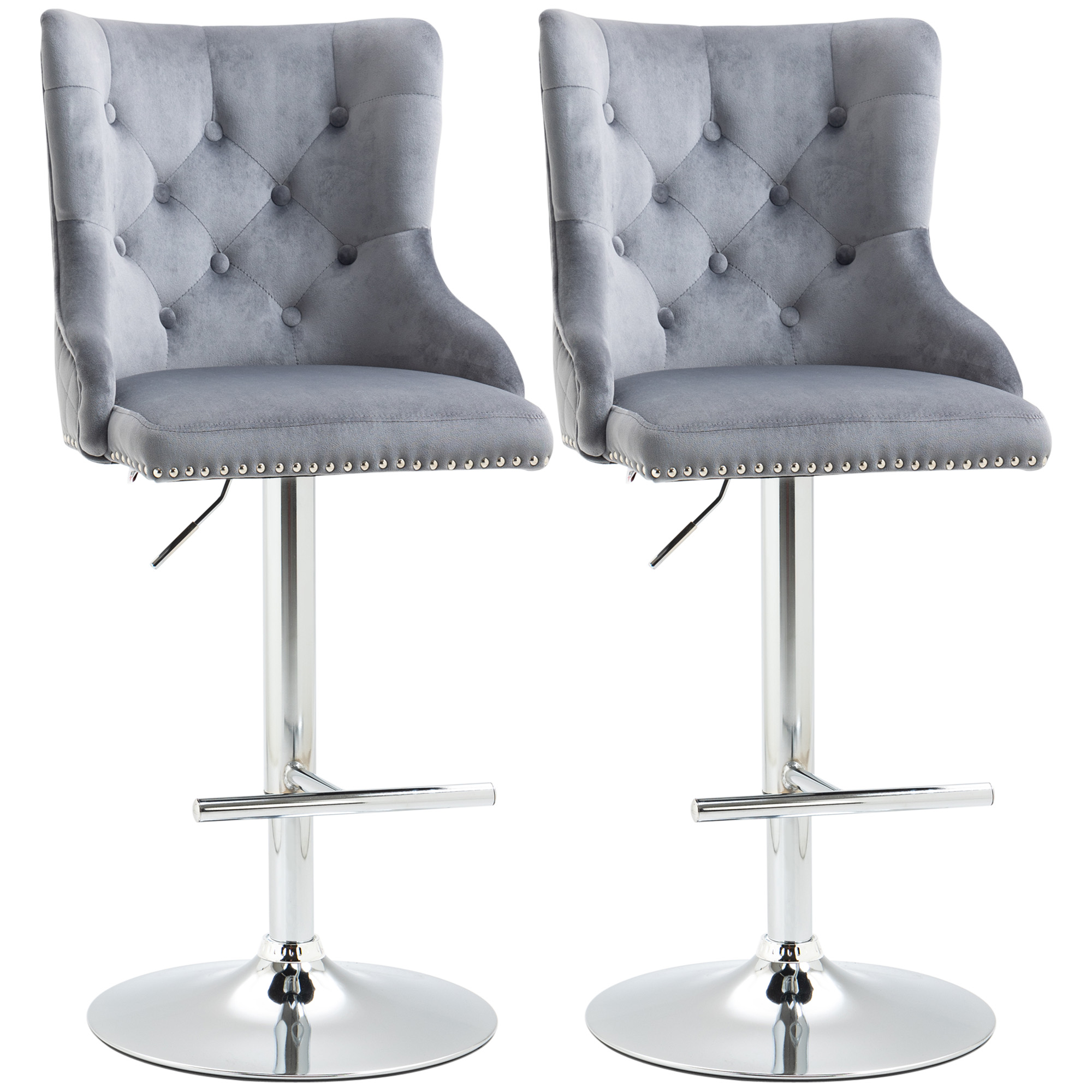 Homcom Grey Modern Adjustable Bar Stools Set Of 2, Swivel Velvet Barstools With Button Tufted Back, Footrest, Nailhead Trim For Home Bar,