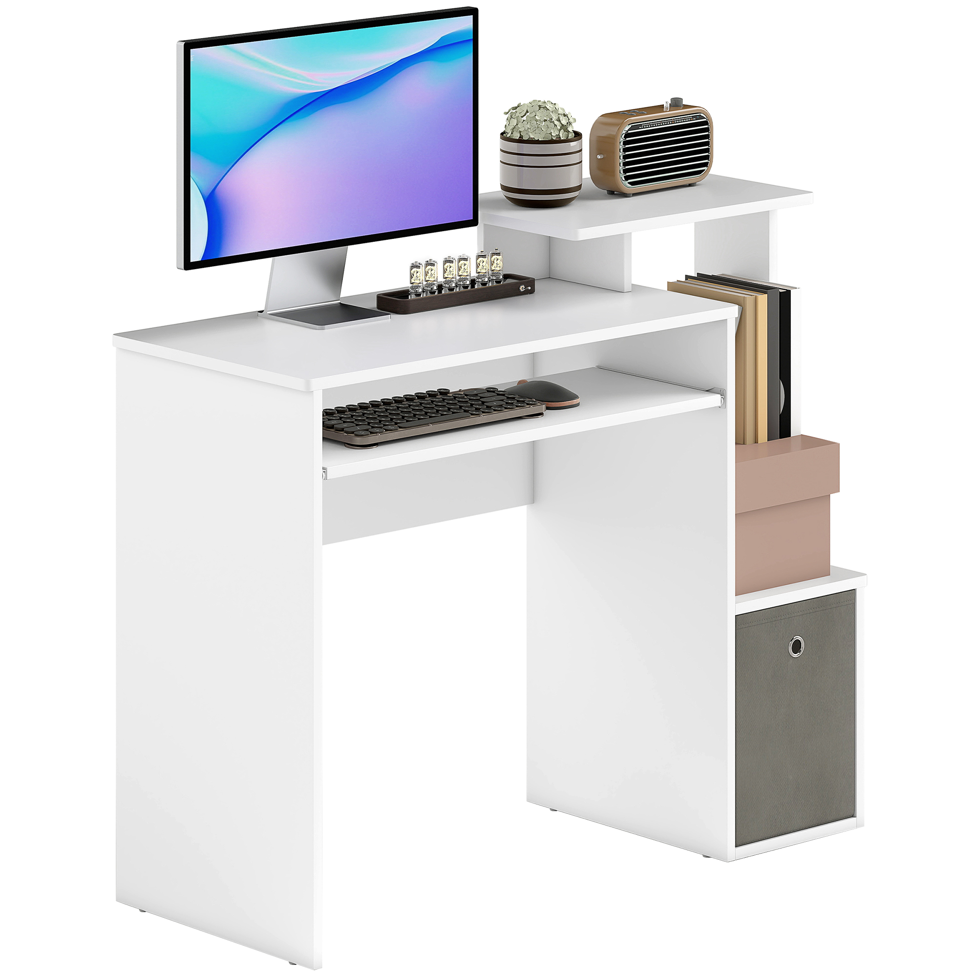HOMCOM Bureau informatique table de bureau étagères tablette clavier panier panneaux particules HOMCOM Bureau informatique table de bureau étagères tablette clavier panier panneaux particules