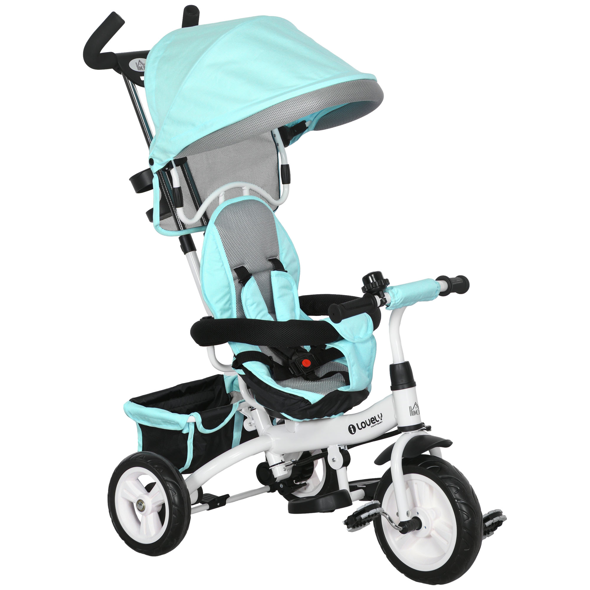 6-in-1 Kinderdreirad mit Schiebestange, Dach, Gurt, Ablagekorb, für 1-5 Jahre, Grün