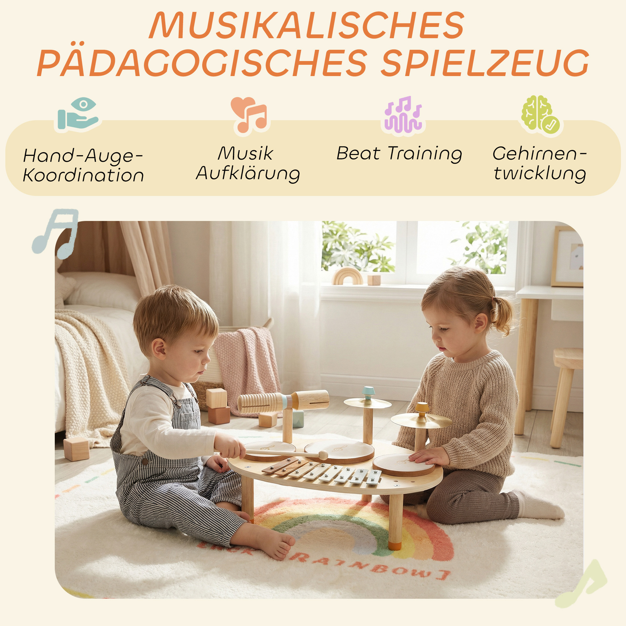 Laste trummikomplekt 4-ühes Montessori muusikariistade komplekt trummide, ksülofoni ja löökpillidega lastele alates 2. eluaastast