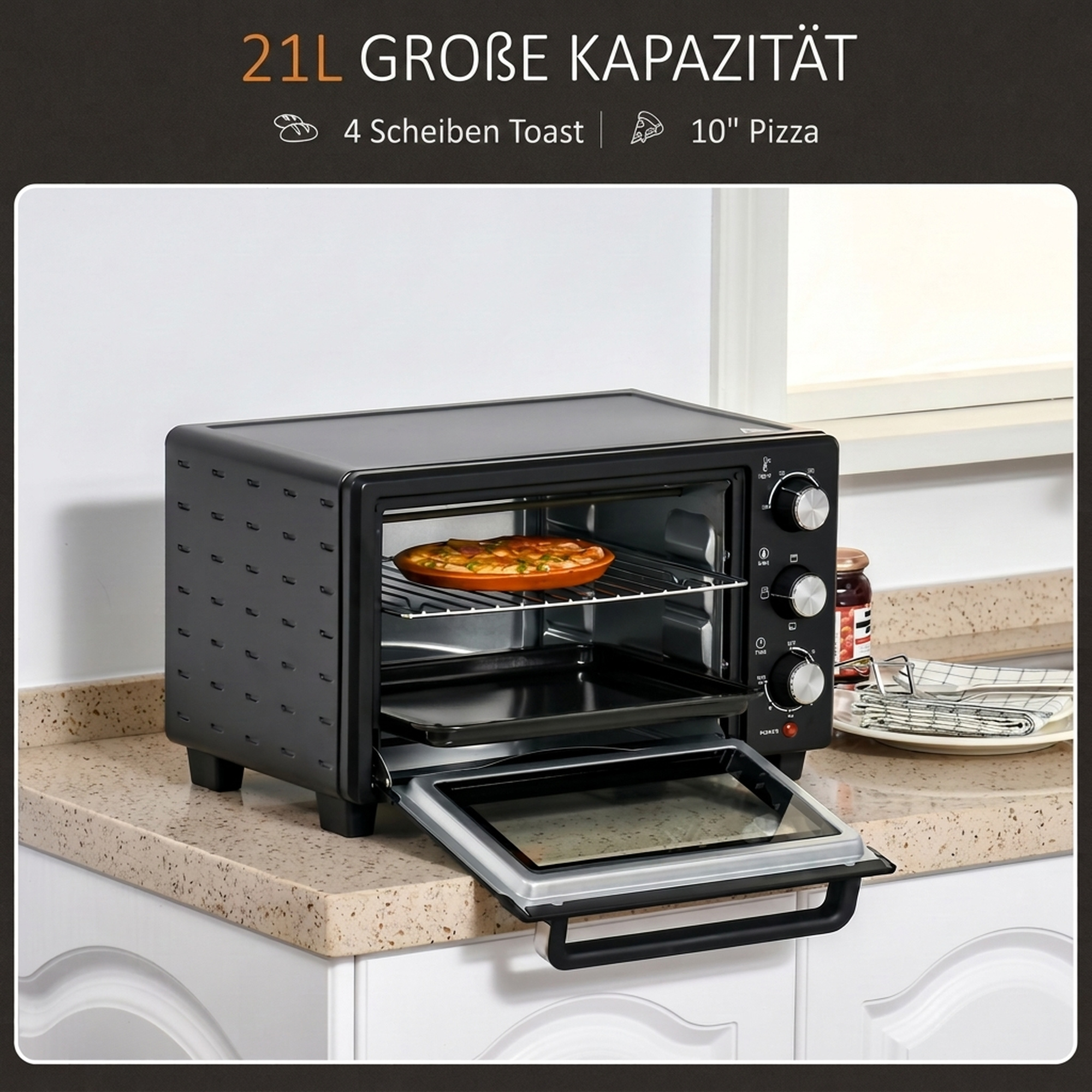 Miniahi, 21 l rösterahi 1 resti ja 1 küpsetusplaadiga, 3 küpsetusrežiimi, 100 °C–230 °C, roostevaba teras, klaas, must