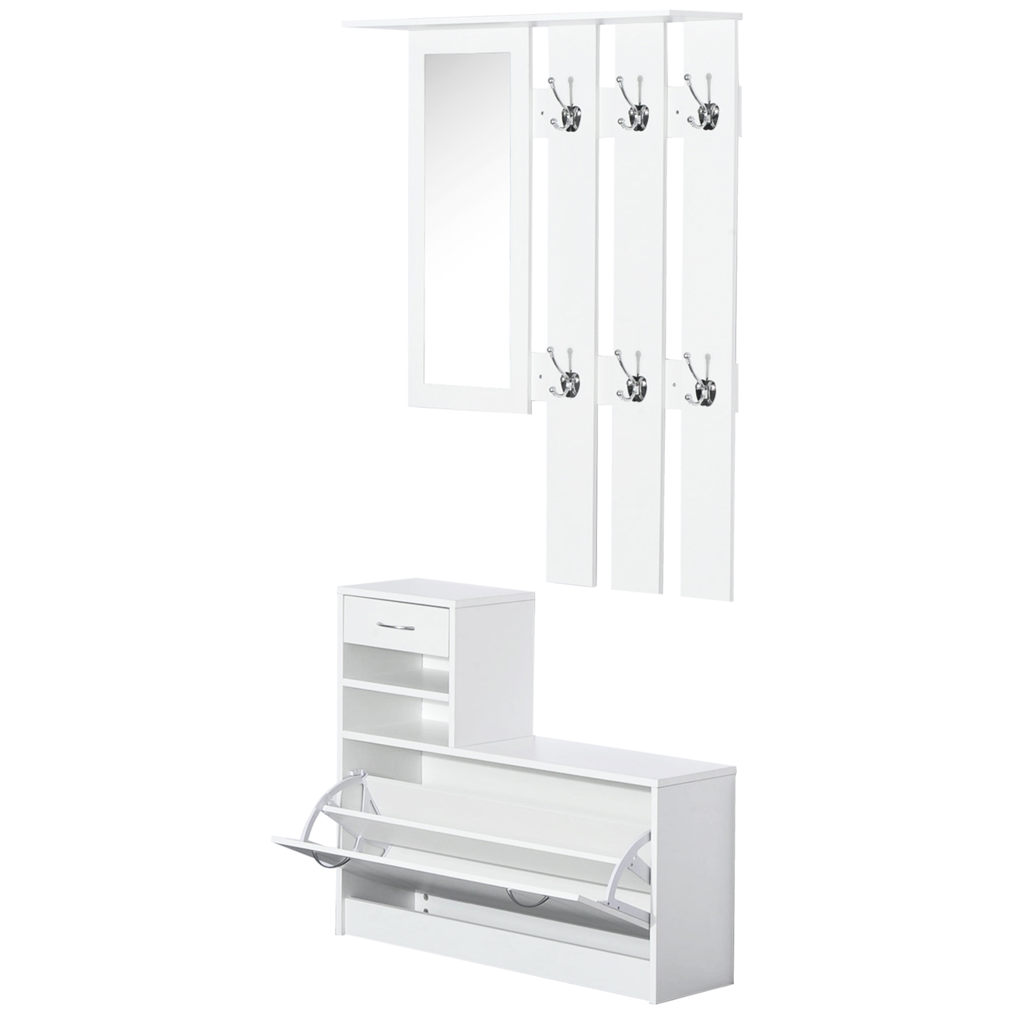 HOMCOM 3 in 1 Garderoben Set Garderobenpaneel Schuhschrank mit Spiegel 2 tlg Weiß   Aosom